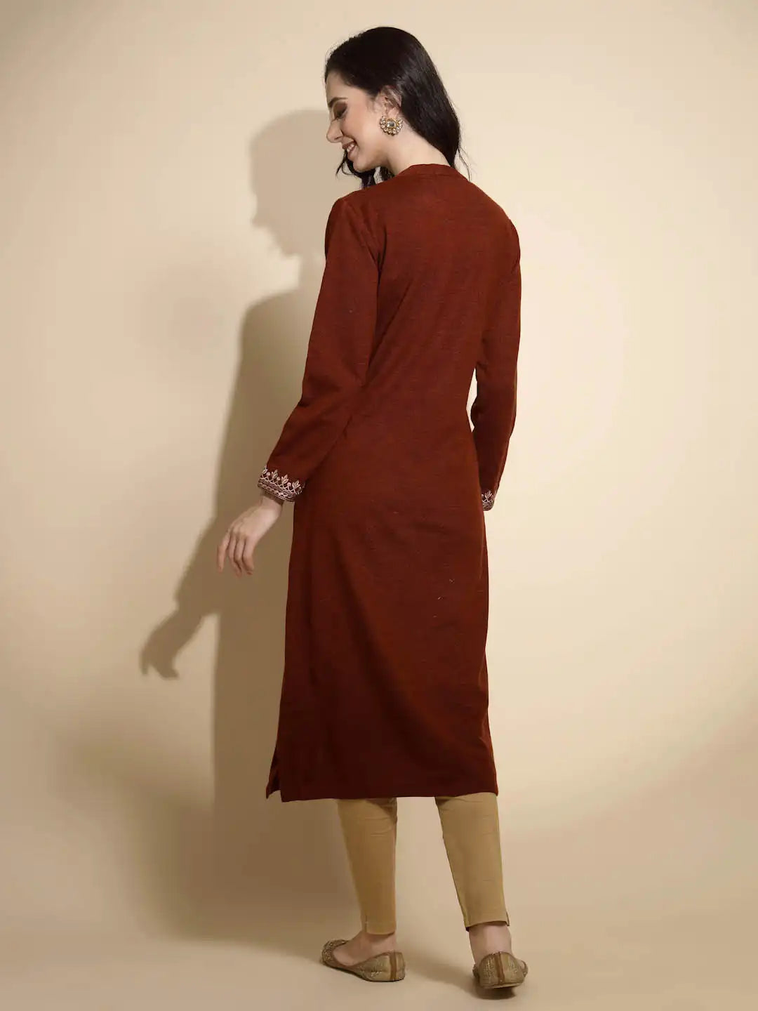 Rust Embroidered Full Sleeve Collared With V-Neck Woolen Kurta - Global Republic