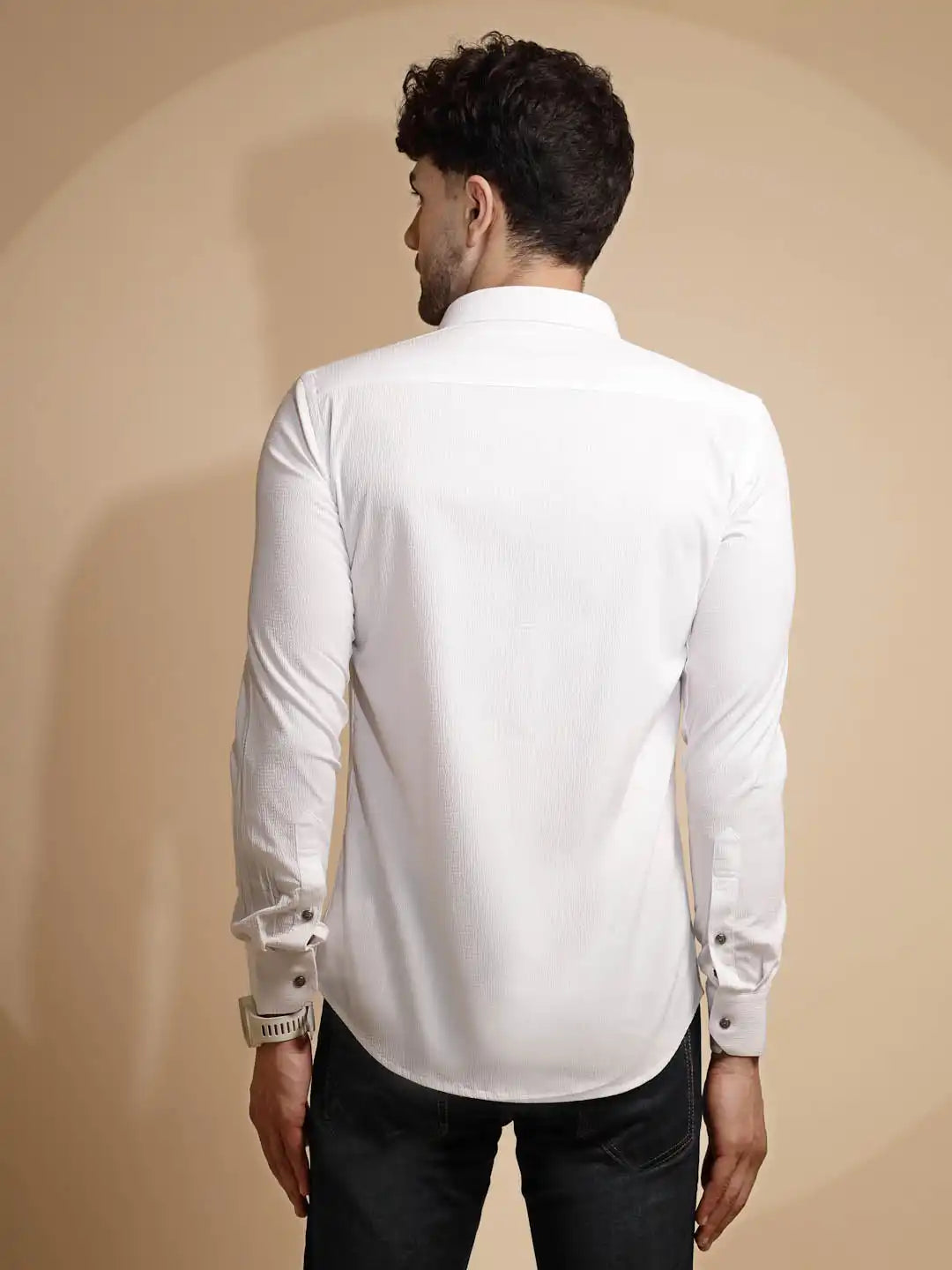 White Solid Full Sleeve Collared Neck Polyester Blend Shirt