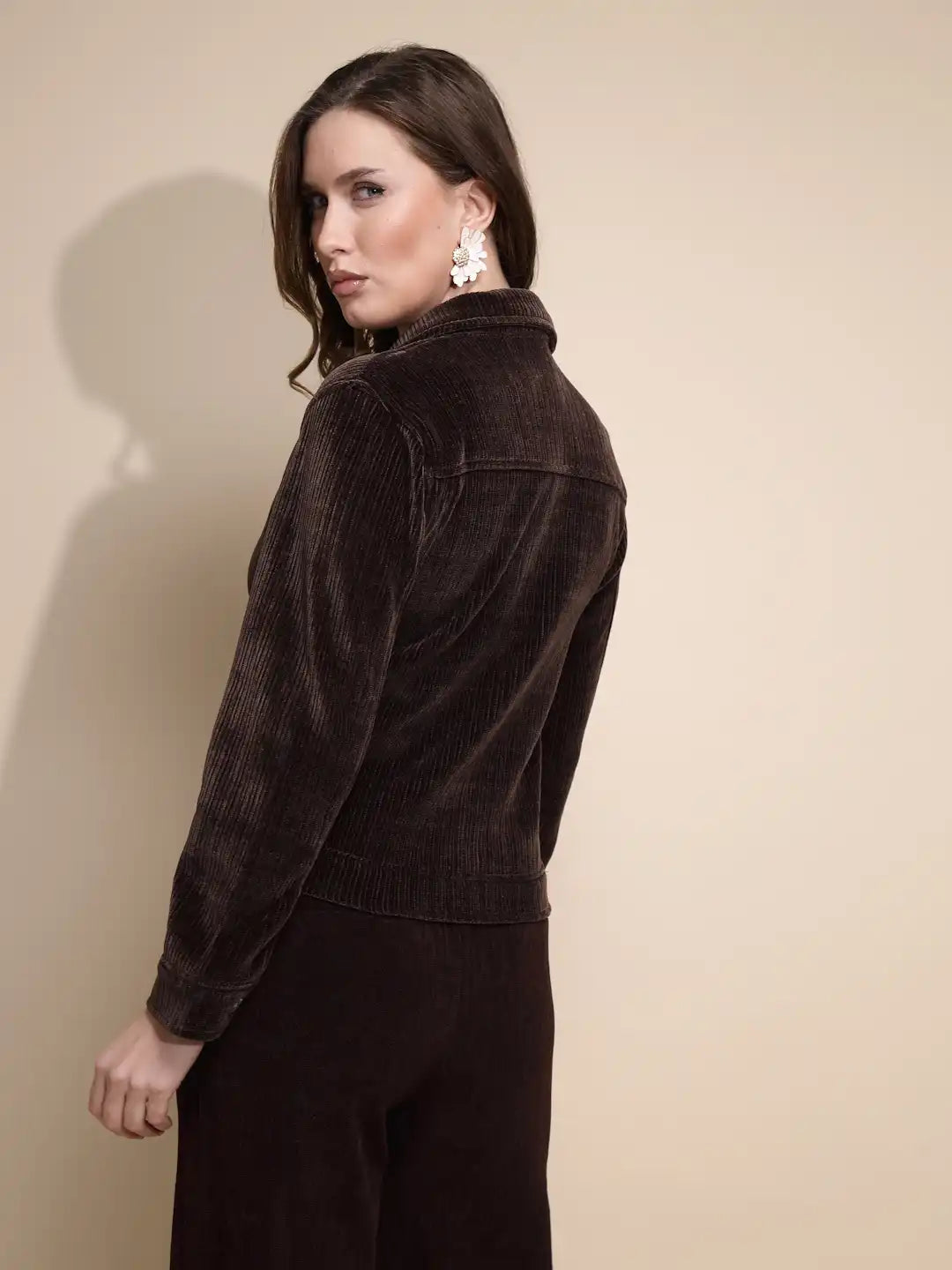 Brown Corduroy Solid Jacket - Global Republic