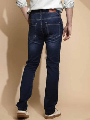Solid Blue Mid Rise Straight fit Jeans