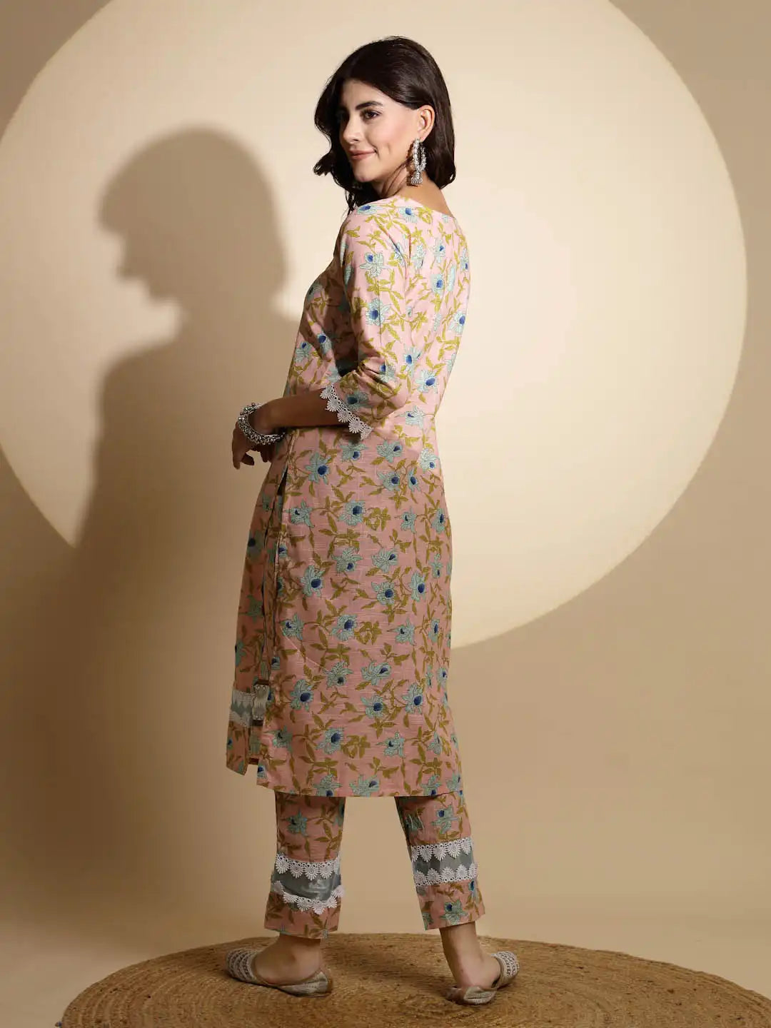 Peach Embellished Print Three Fourth Sleeve Cotton Kurta Set - Global Republic