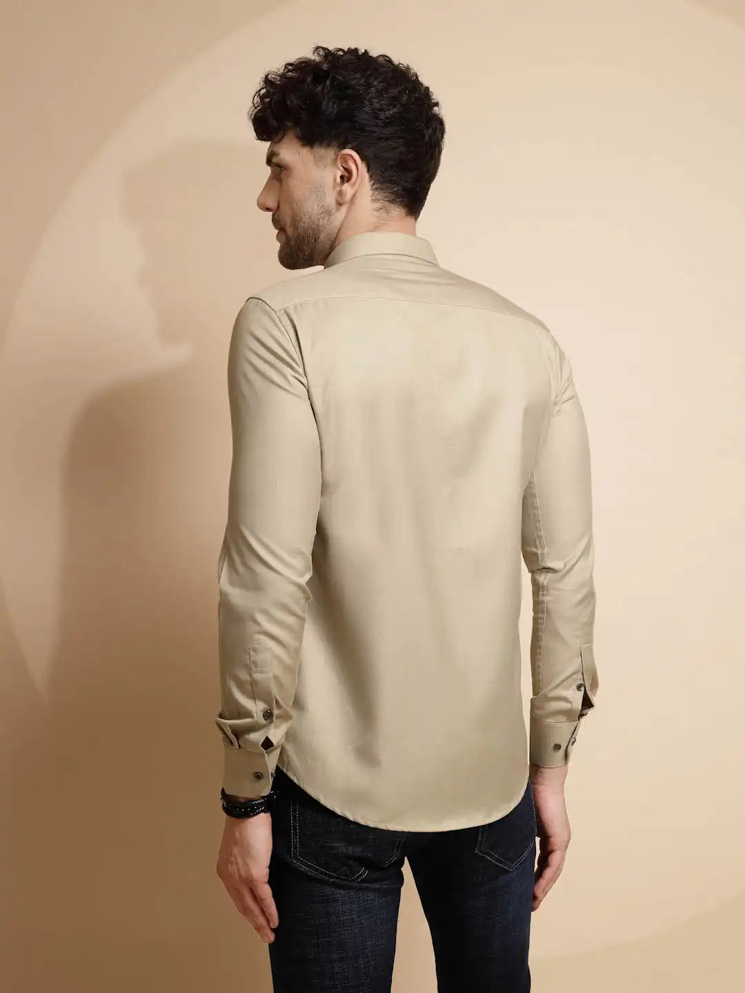 Beige Solid Full Sleeve Collared Neck Cotton Blend Shirt - Global Republic