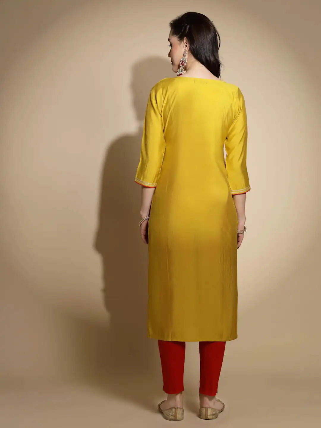 Mustard Embroidered Three Quarter Sleeves Round With V-Neck Cotton Blend Kurta