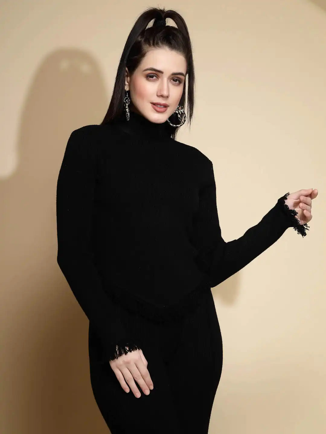 Black Solid Full Sleeve Turtle Neck Woolen Fringed Pullover Sweater