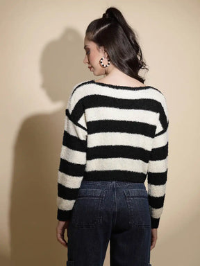 Black And Cream Striped Full Sleeve Round Neck Acrylic Pullover