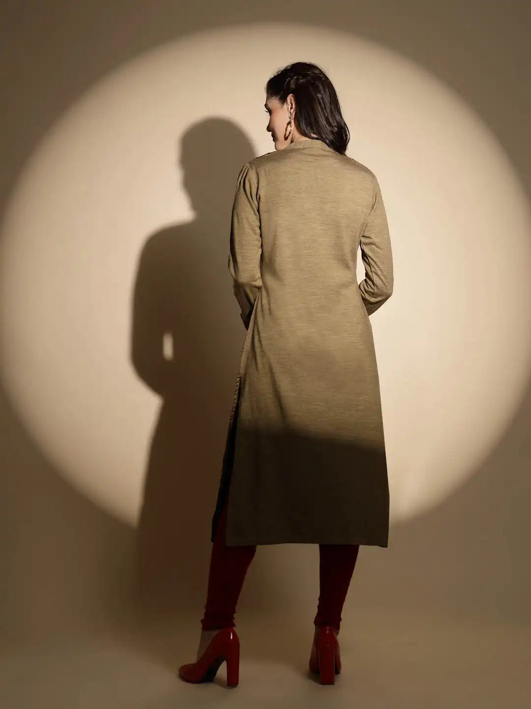 Beige Printed Full Sleeve Round With V-Neck Woolen Kurta