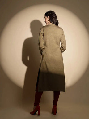 Beige Printed Full Sleeve Round With V-Neck Woolen Kurta