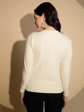 Women's Embrodery V neck Cream Cardigan