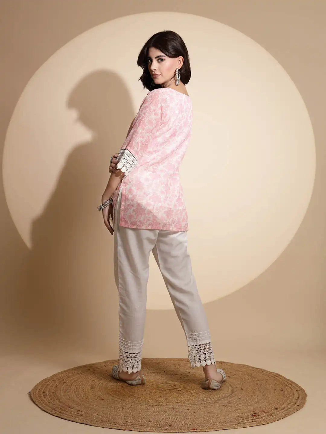 Pink Floral Print Three Fourth Sleeve Round Neck Tunic Set