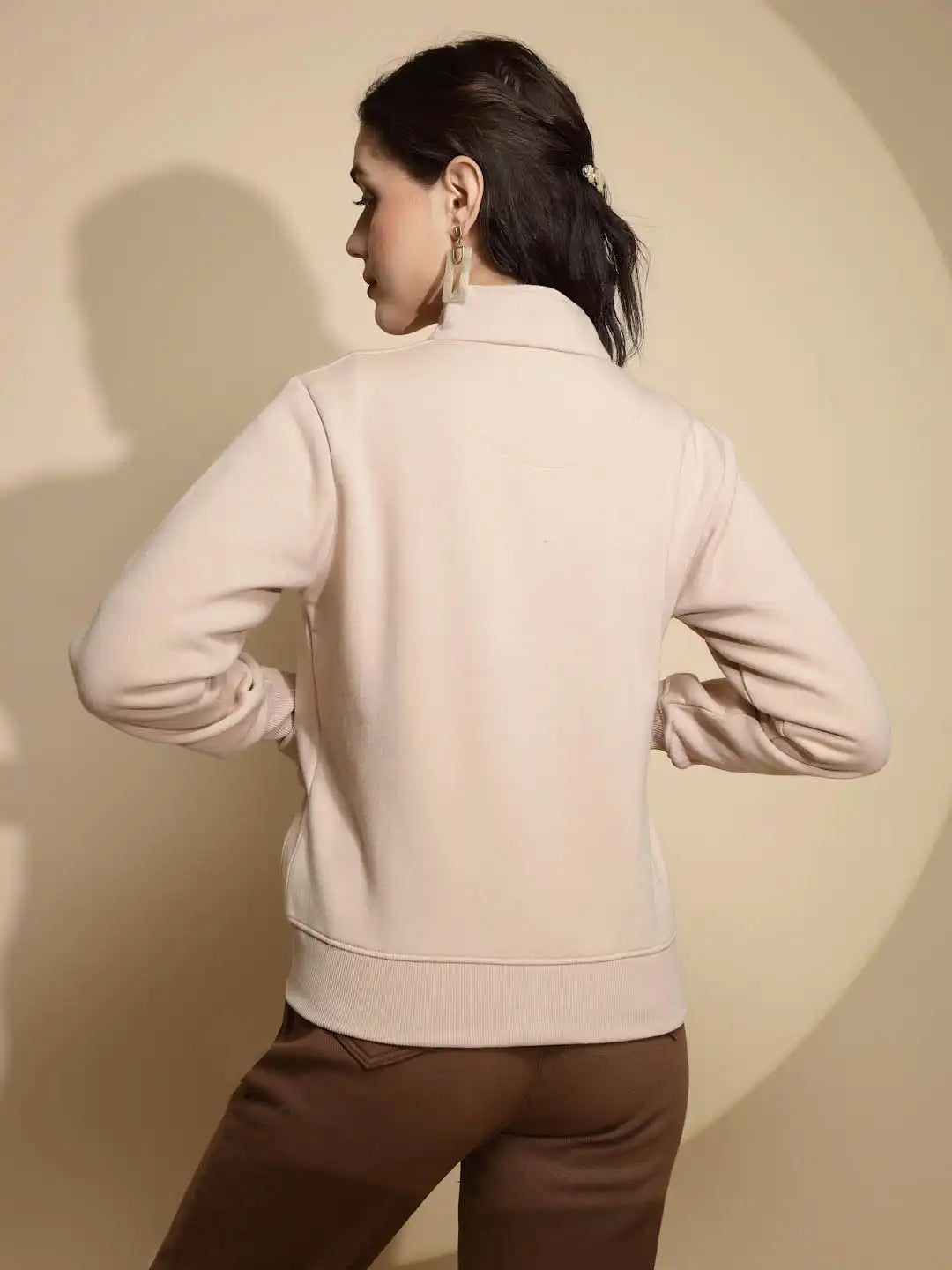 Beige Solid Full Sleeve Turtle Neck Acrylic Sweatshirt