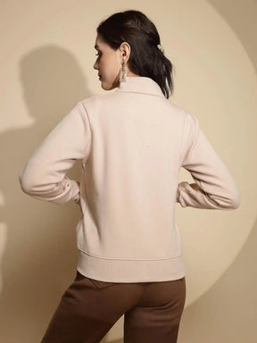 Beige Solid Full Sleeve Turtle Neck Acrylic Sweatshirt