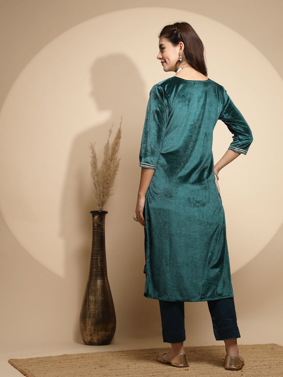 Embroidered V-Neck Velvet Kurta