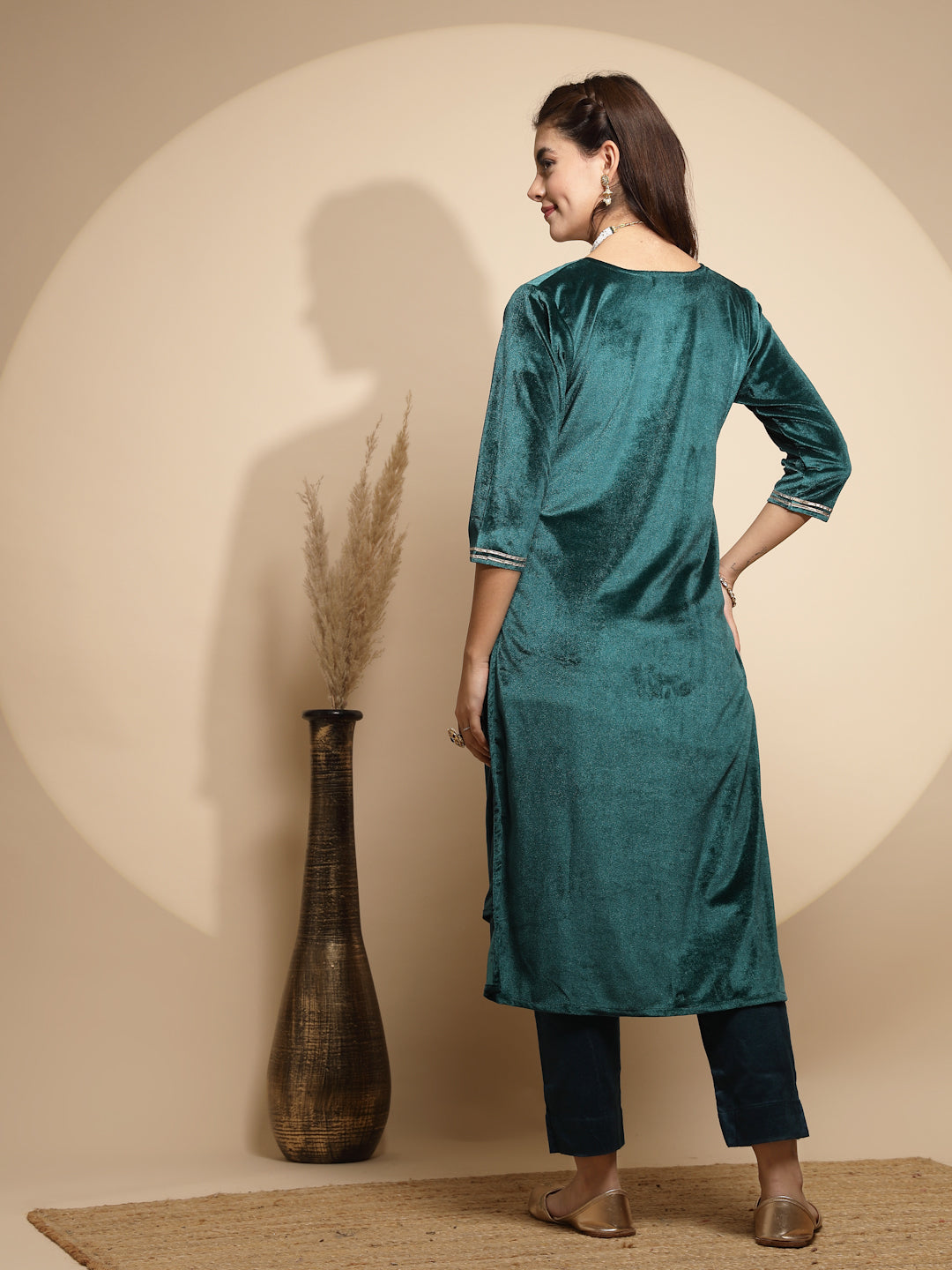 Green Embroidery Full Sleeve V-Neck With Velvet Kurta For Women