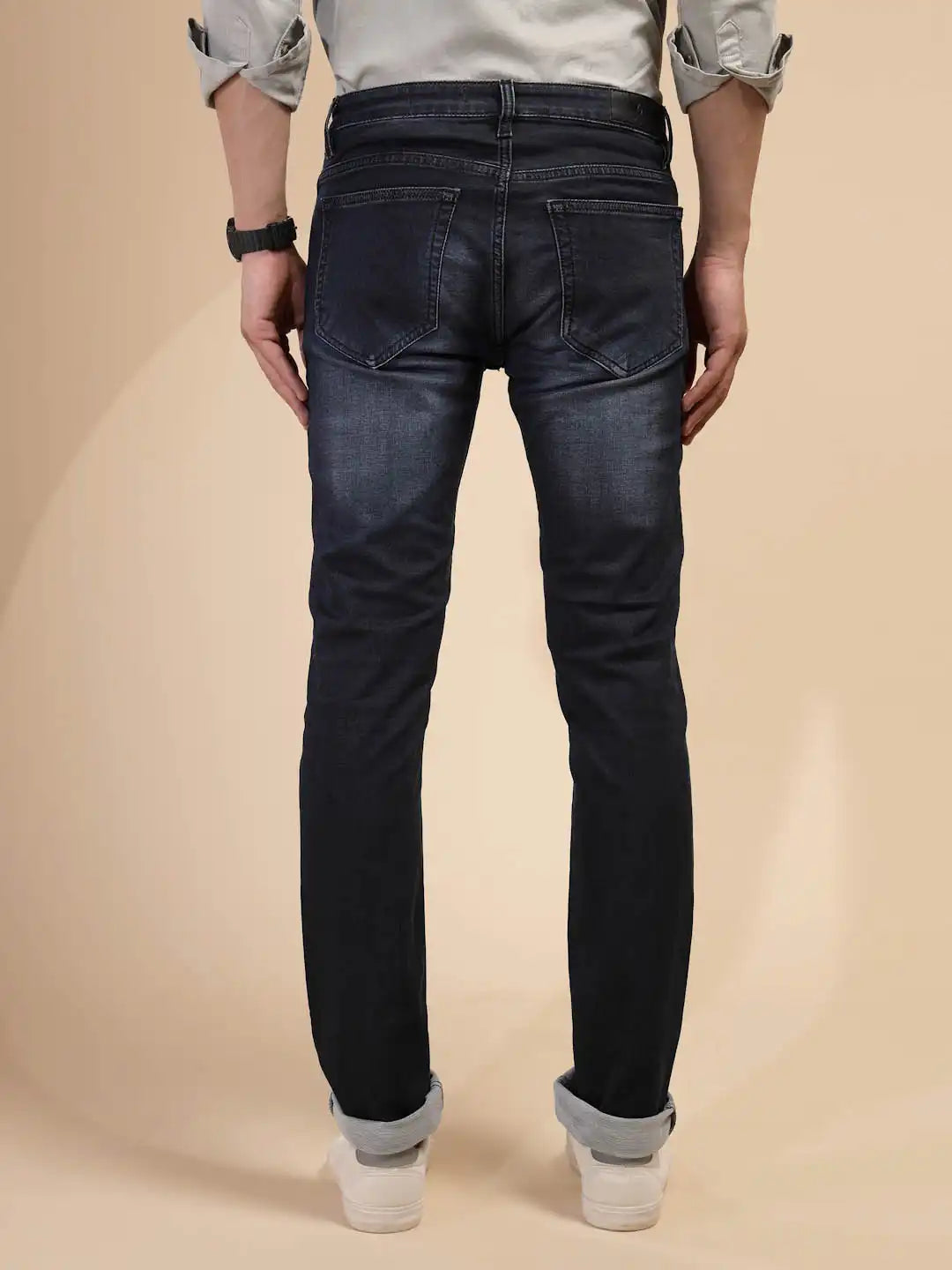 Solid Blue Mid Rise Cotton Blend Slim fit Jeans - Global Republic