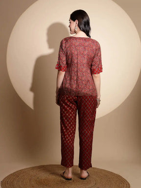 Red Embellished Cotton Tunic Set