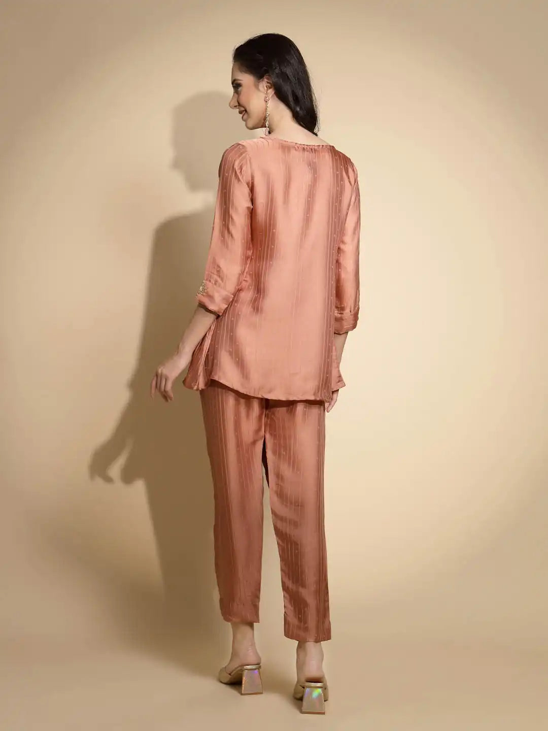 Peach Embroidered Three Quarter Sleeves Round Neck Tunic Set - Global Republic