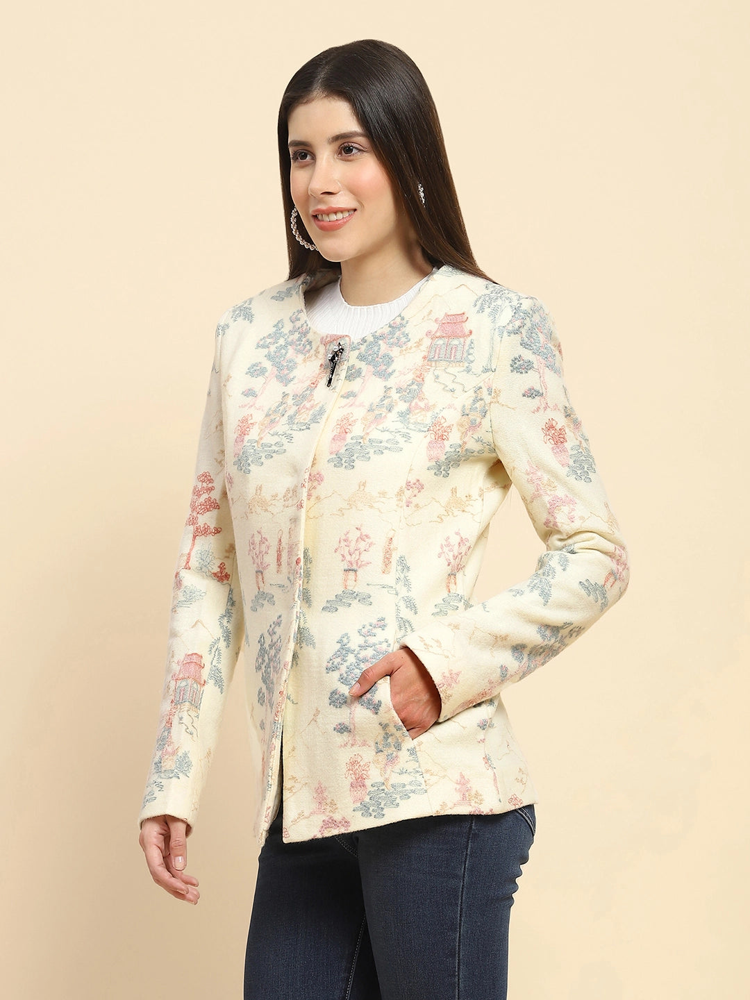 Cream  Acrylic Thread Embroidered Regular Fit Coat For Winter - Global Republic