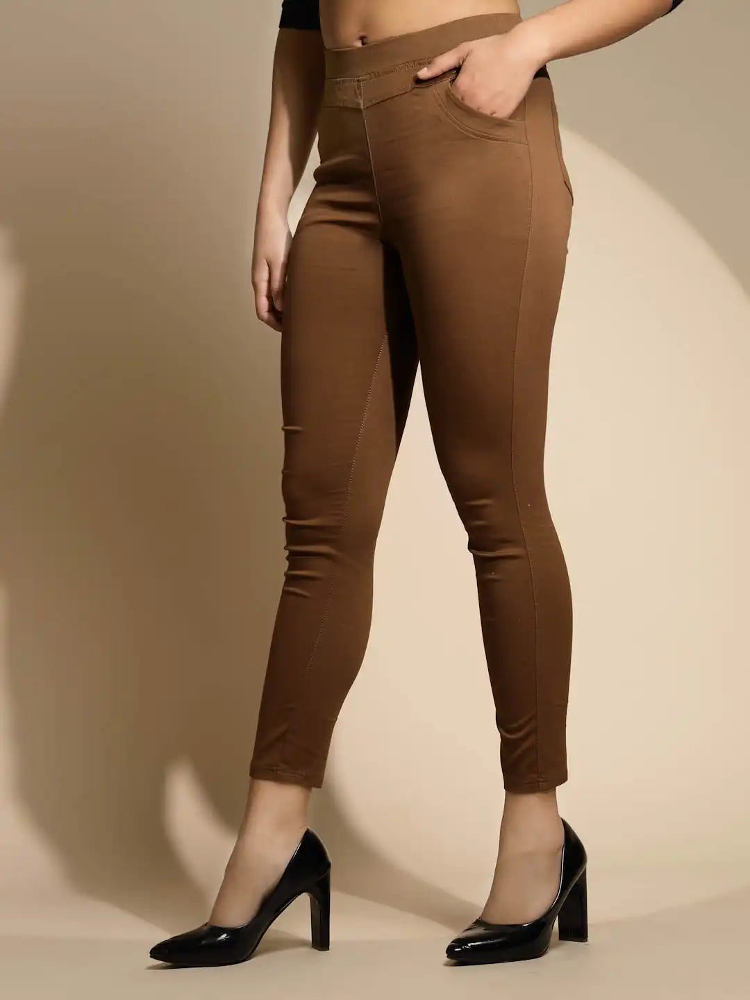 Buy Women Solid Brown Mid Rise Stretchable Jegging Global Republic