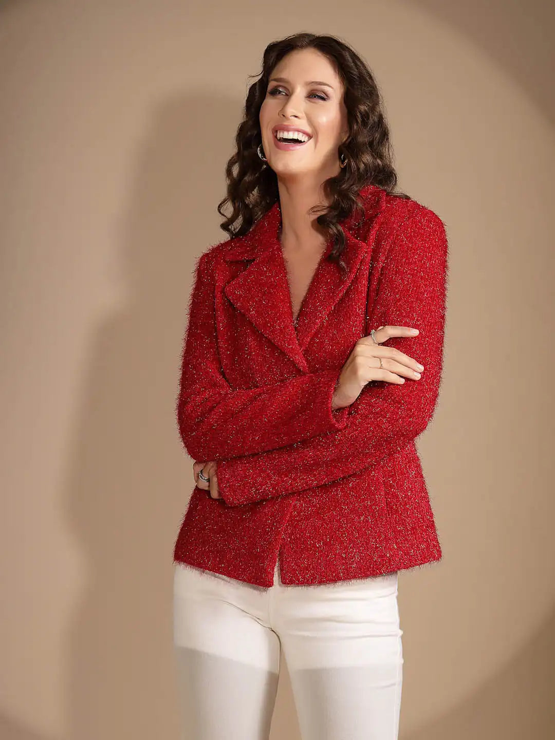 Women's Solid Collared Neck Red Blazer