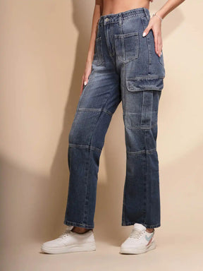 Women's Dark Blue Regular Fit Denim High Rise Straight Fit Jeans