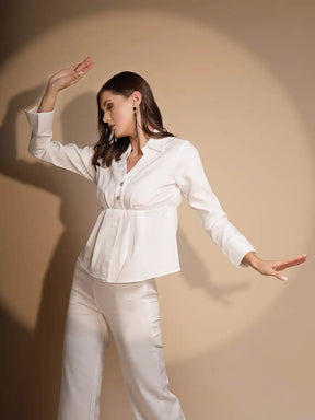 Women's Solid Collared Neck White Co-ord Set