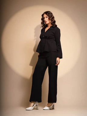 Women's Solid Collared Neck Black Co ord Set