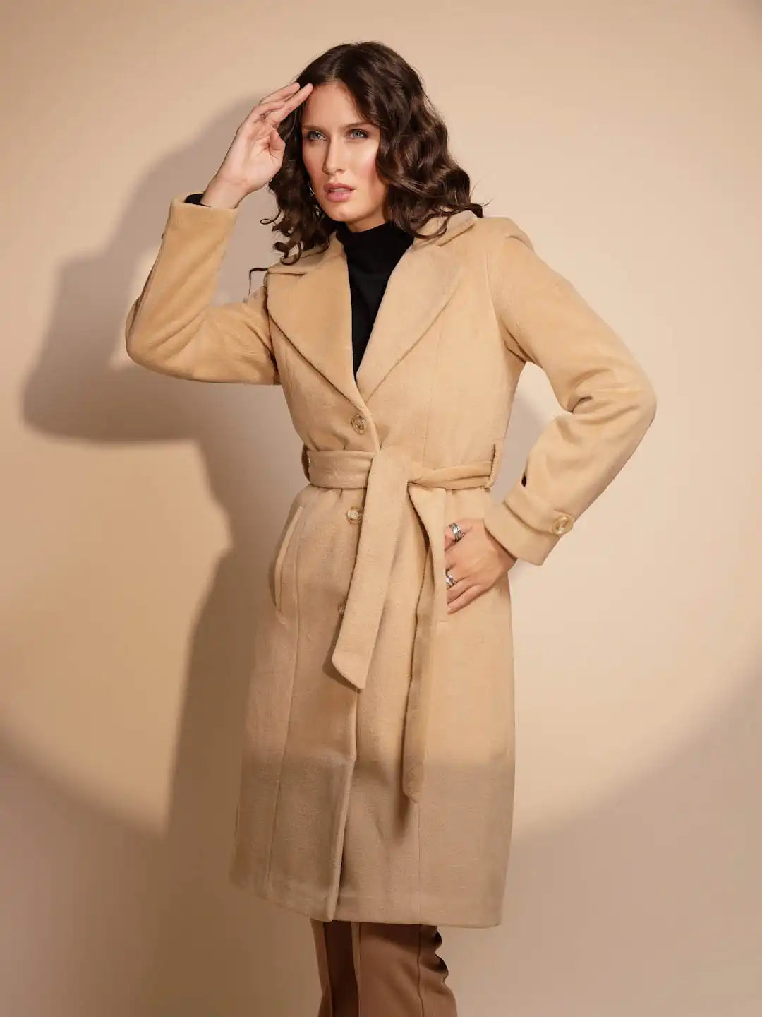 Women's Solid Collared Neck Brown Coat