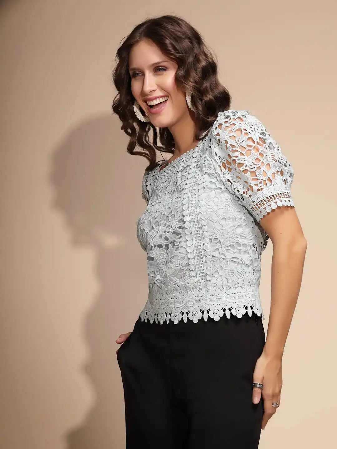 Blue Lace Square Neck Top