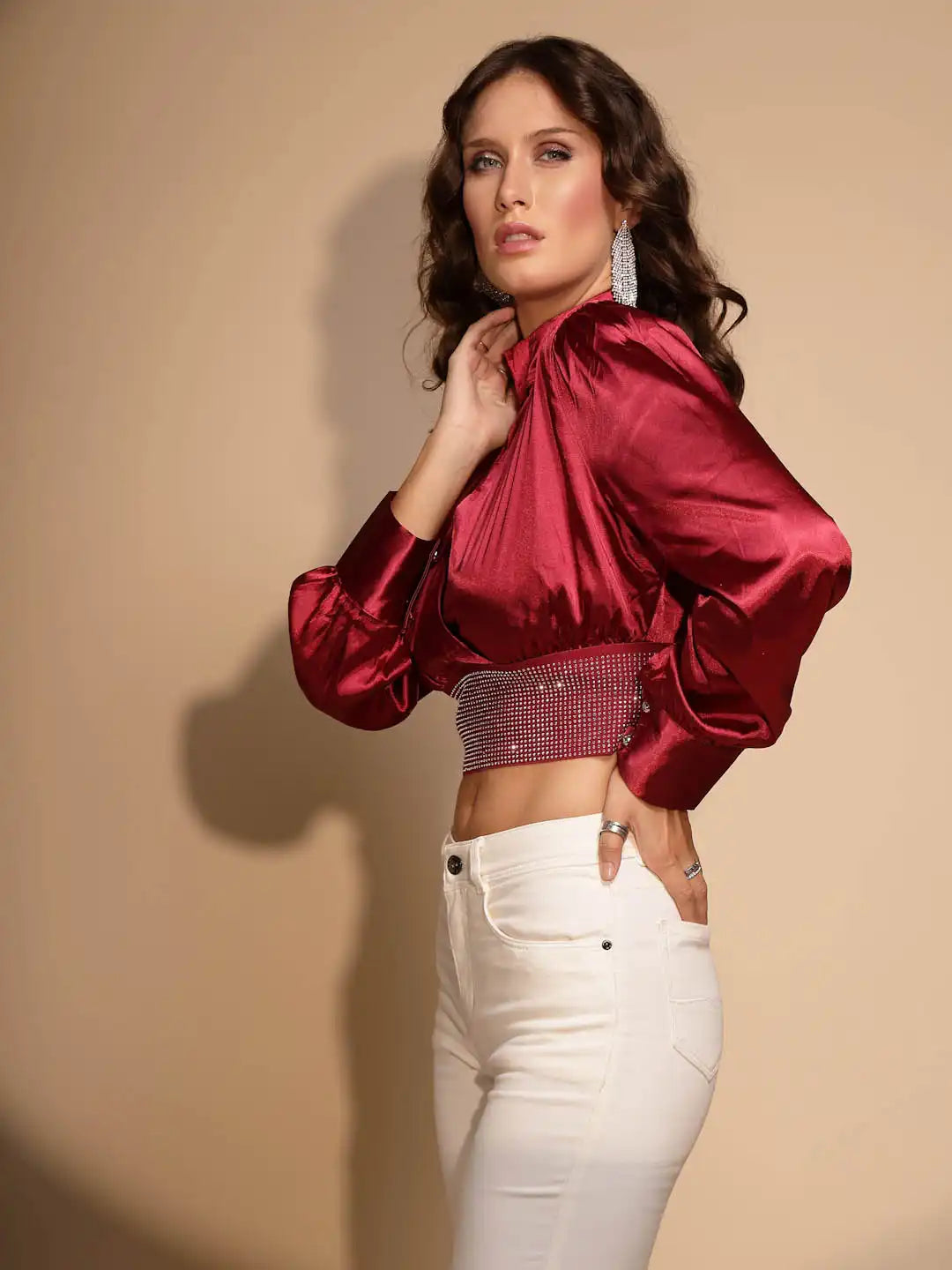 Women's Solid Keyhole Neck Maroon Blouson Top - Global Republic