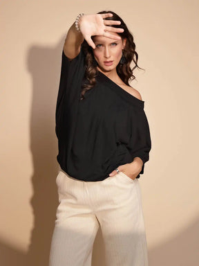 Black Off Shoulder Polyester Top