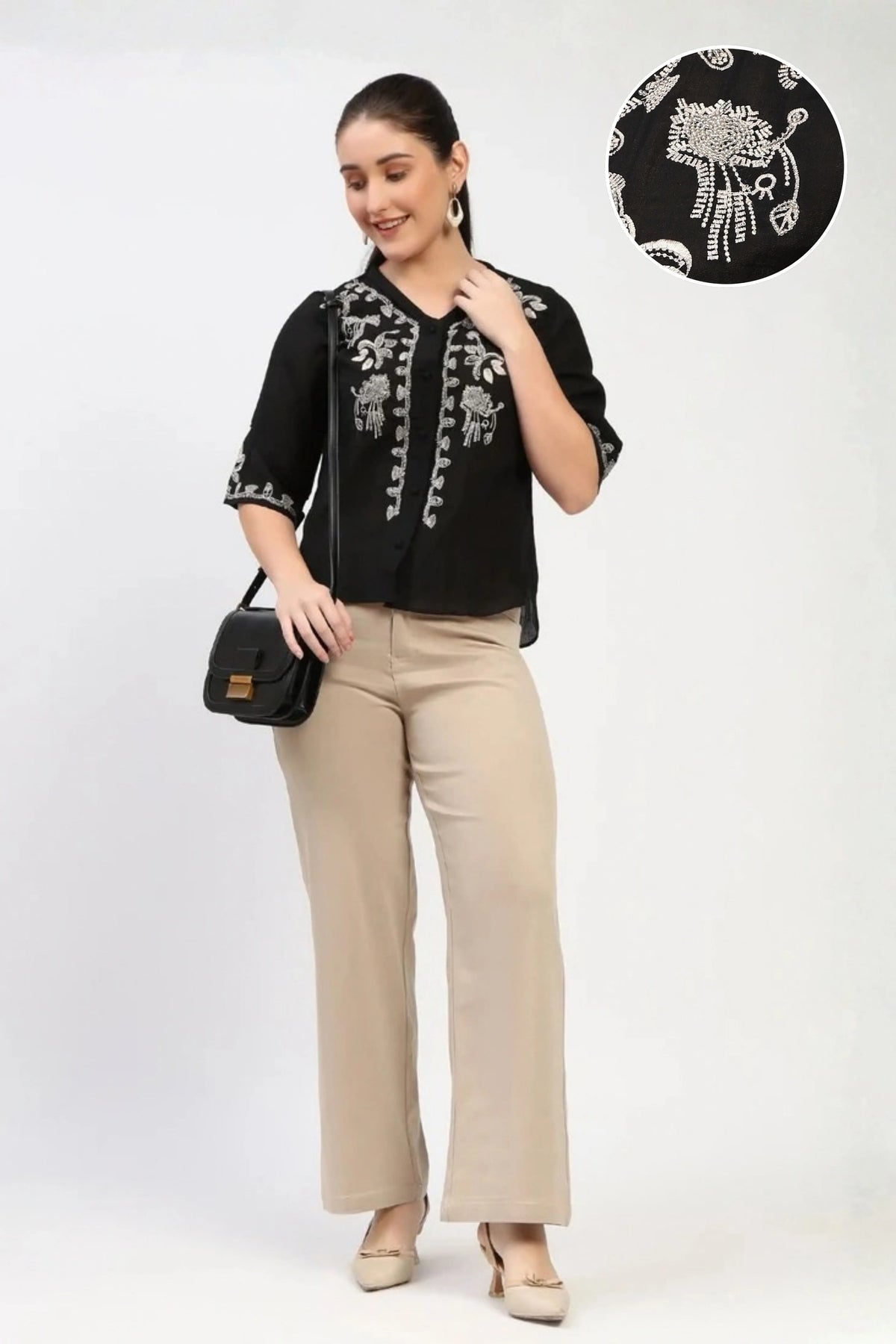 Black Embroidered V-Neck Top