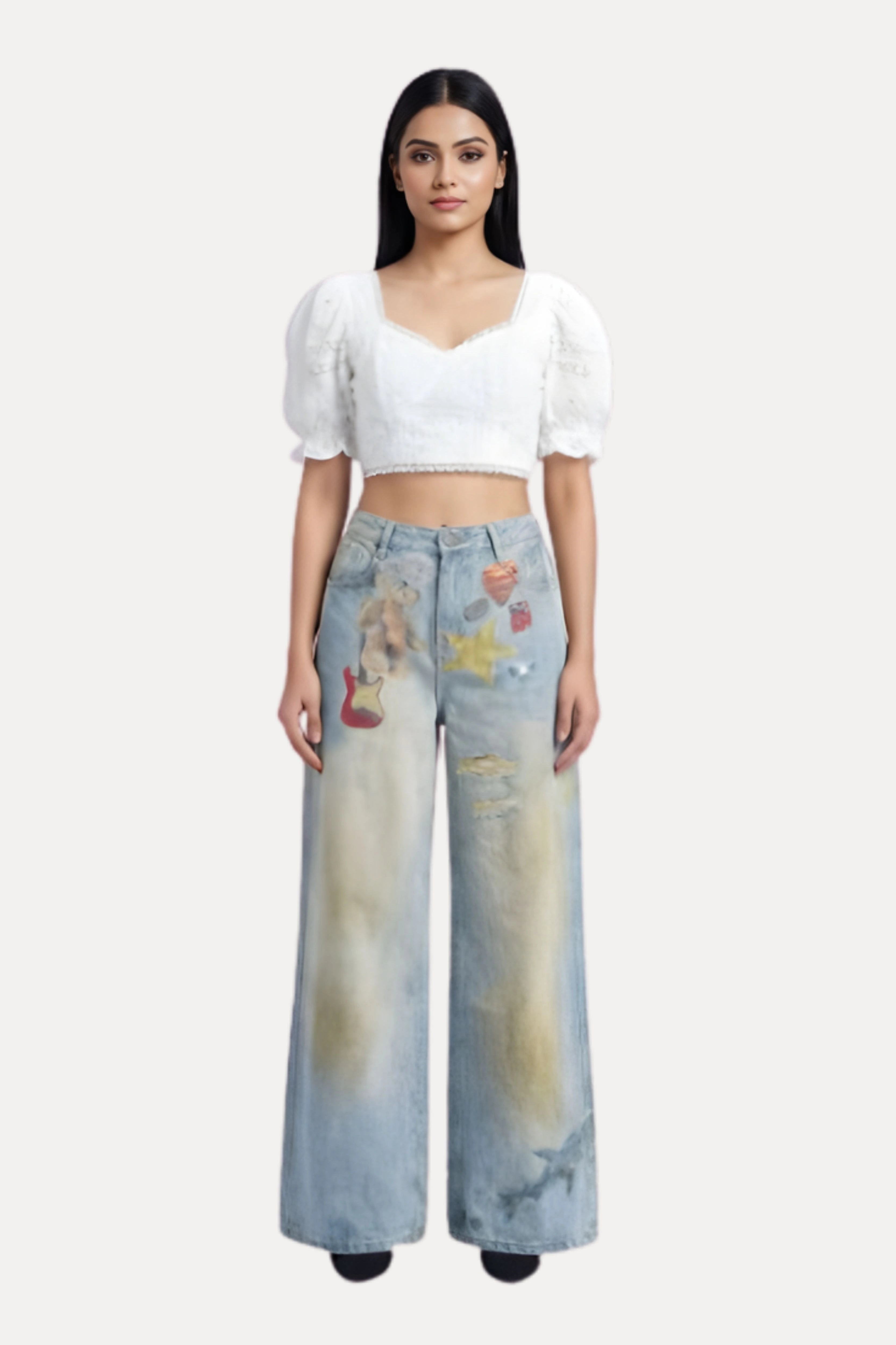 Greenish Blue Printed Denim Baggy Jeans