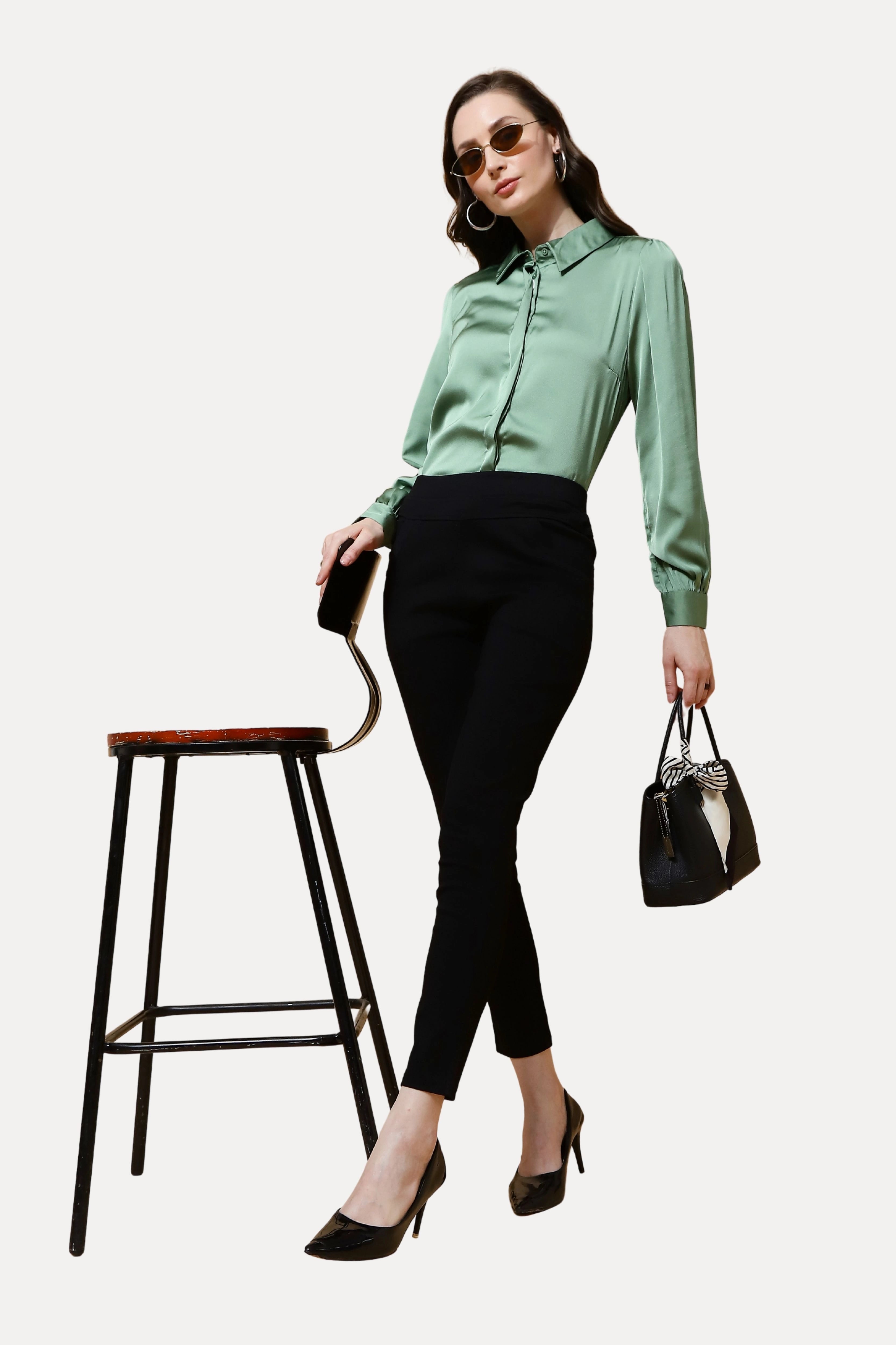 Green Poly Satin Solid Shirt