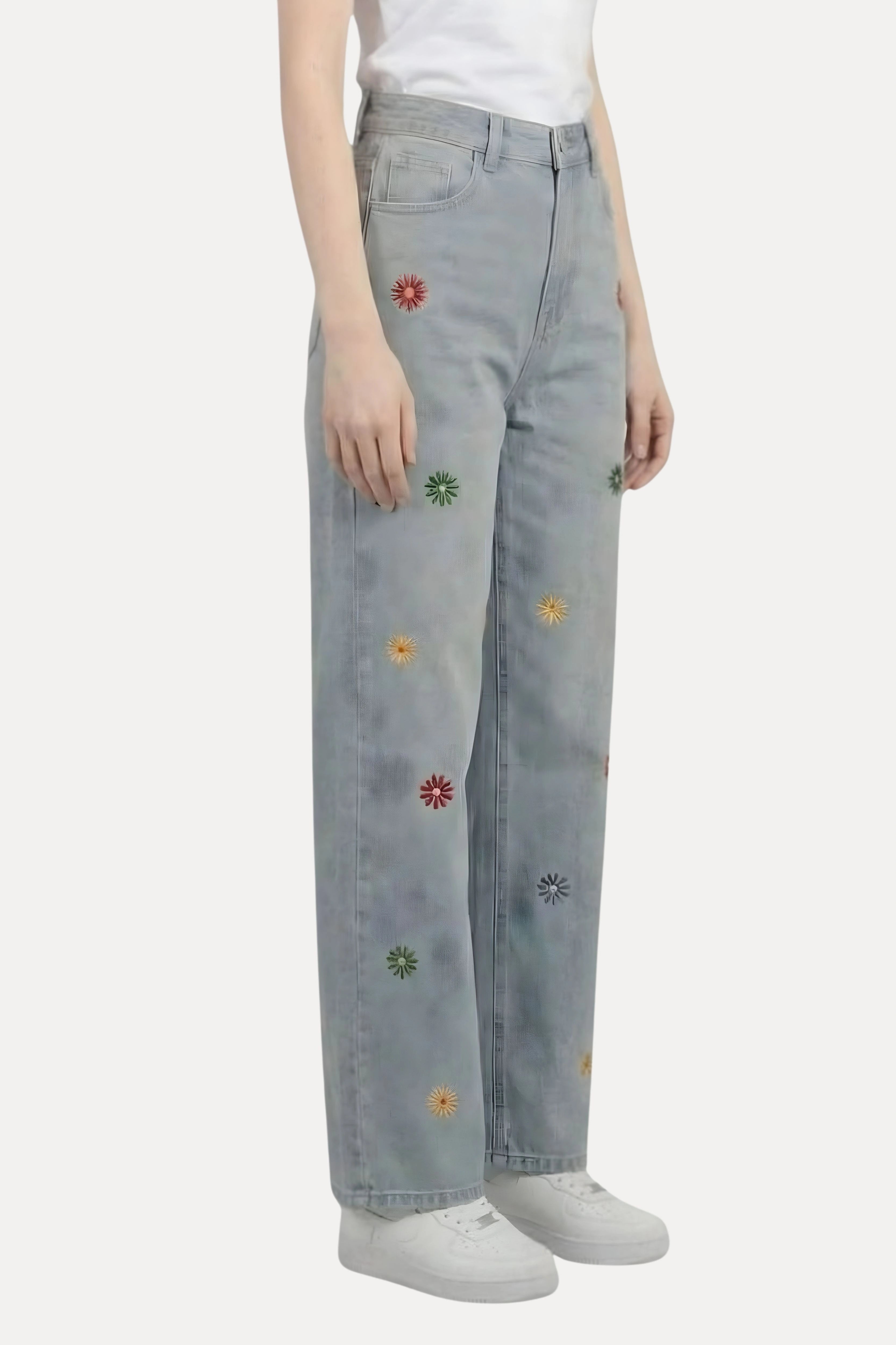 Floral Embroidered Baggy Denim Jeans