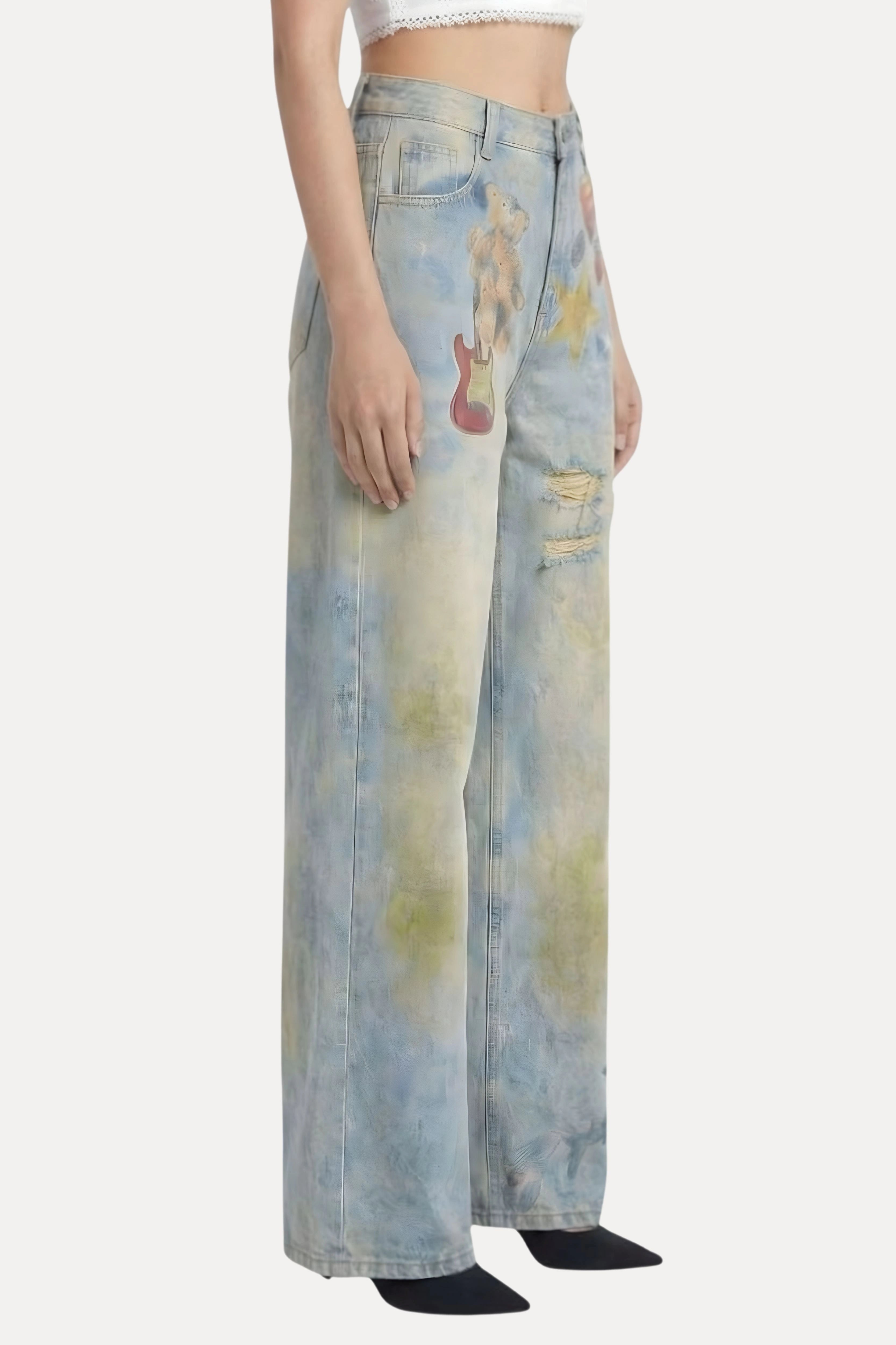 Greenish Blue Printed Denim Baggy Jeans