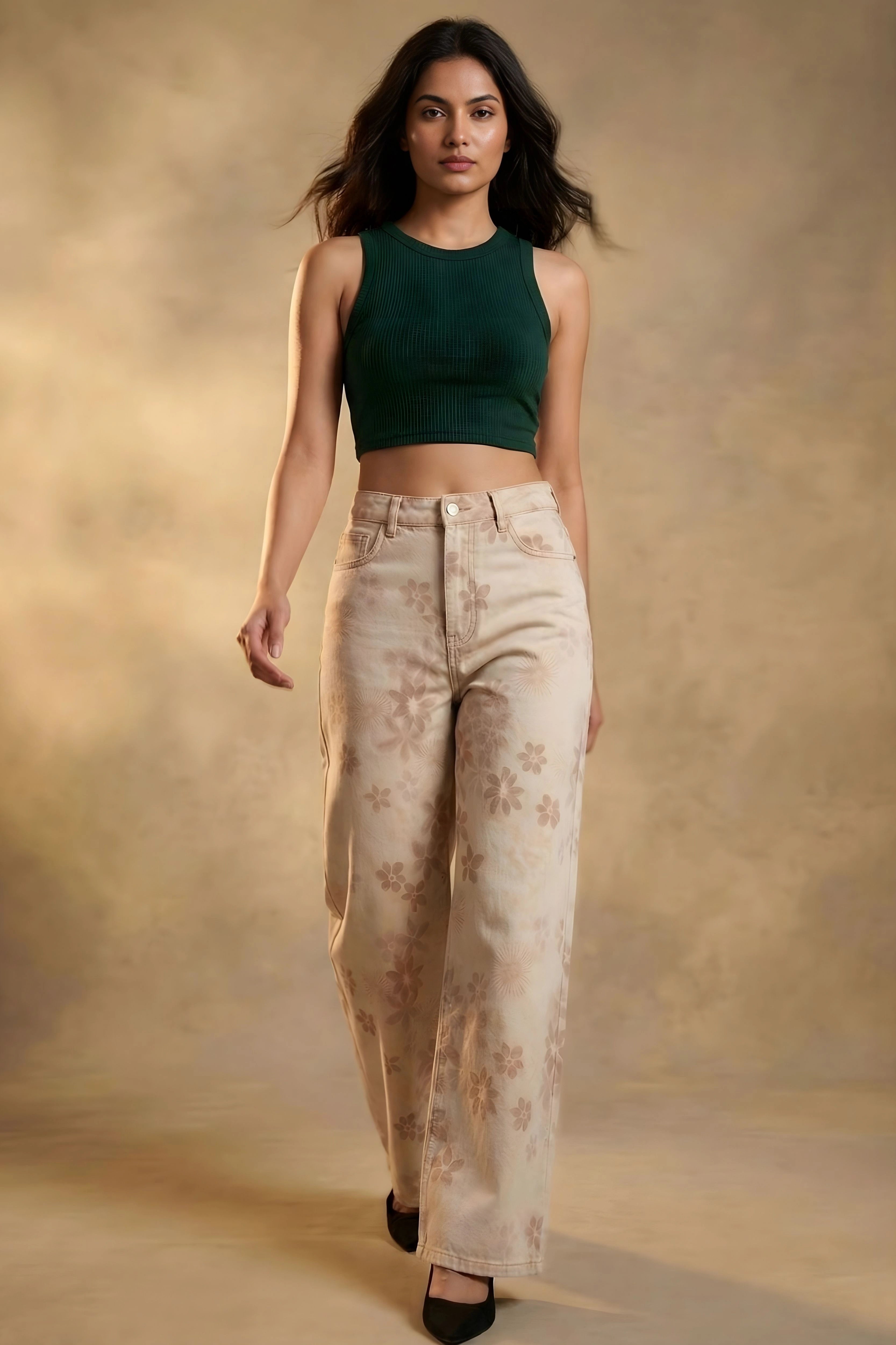 Beige Floral Printed Baggy Denim Jeans