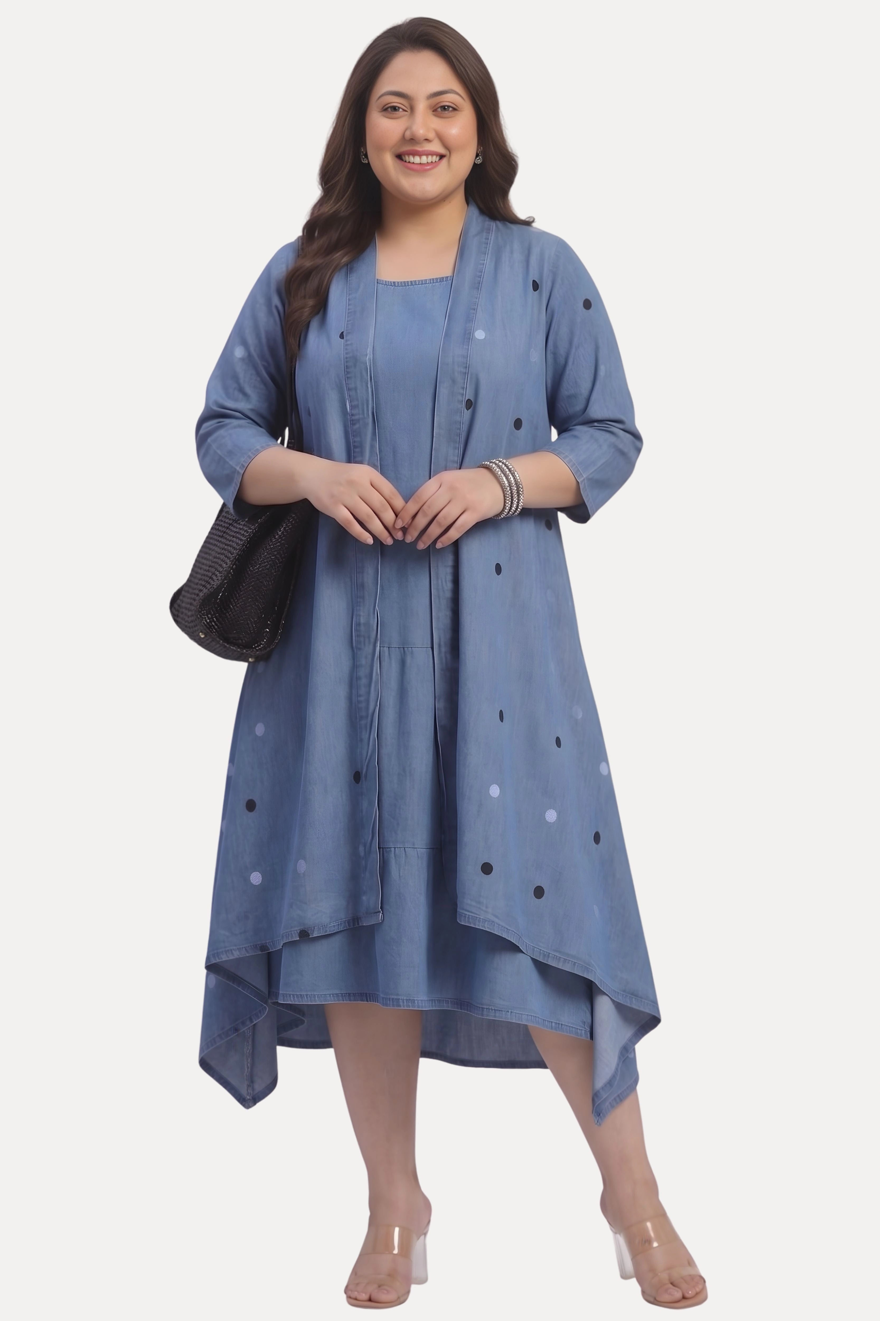 Blue Chambray Embroidered Dress with Shrug
