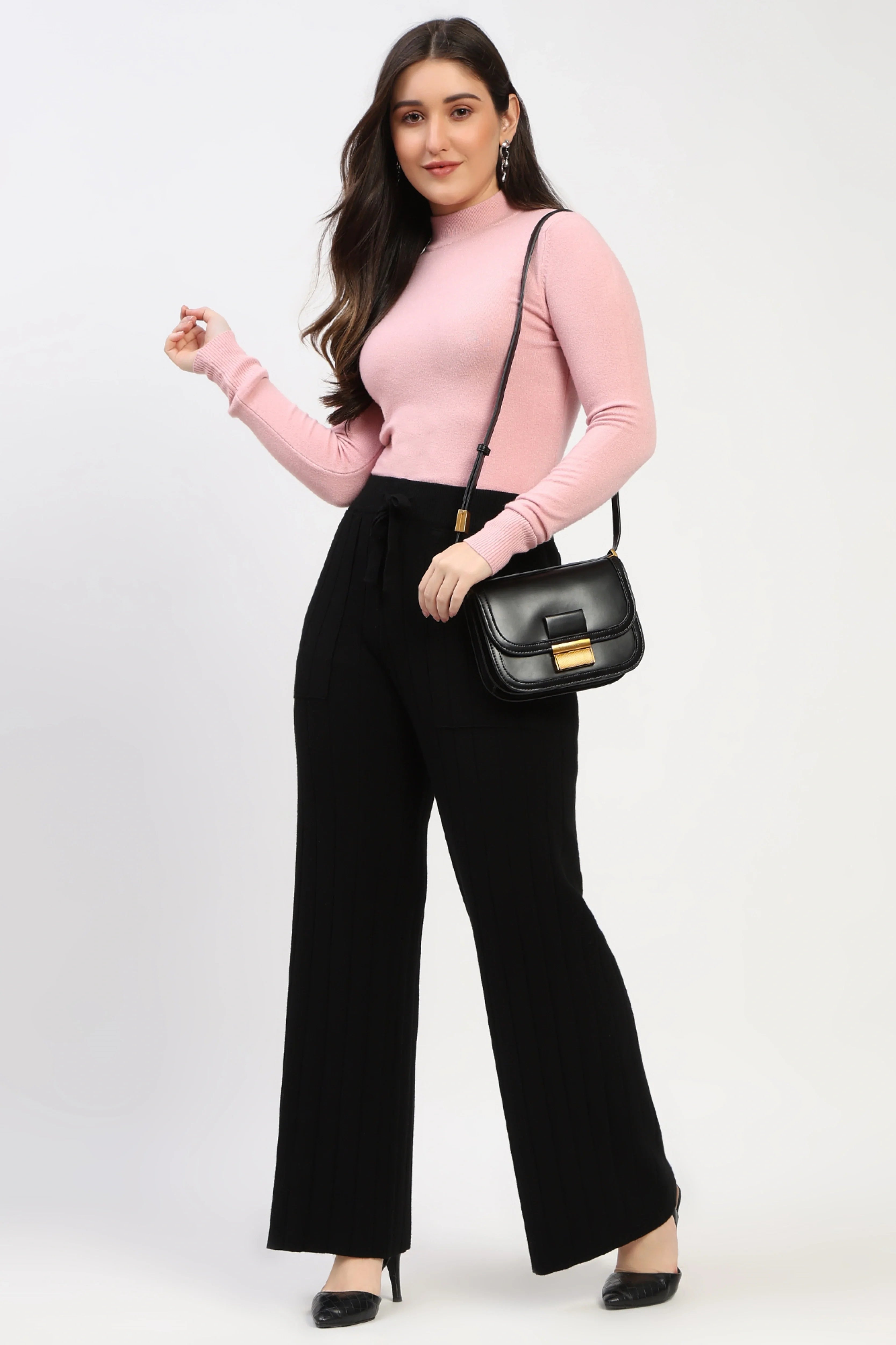 Pink Solid High-Neck Pullover-Global Republic
