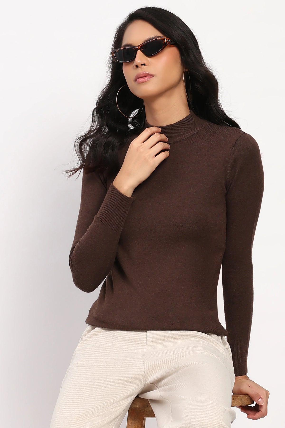 Deep Coffee High-Neck Pullover-Global Republic