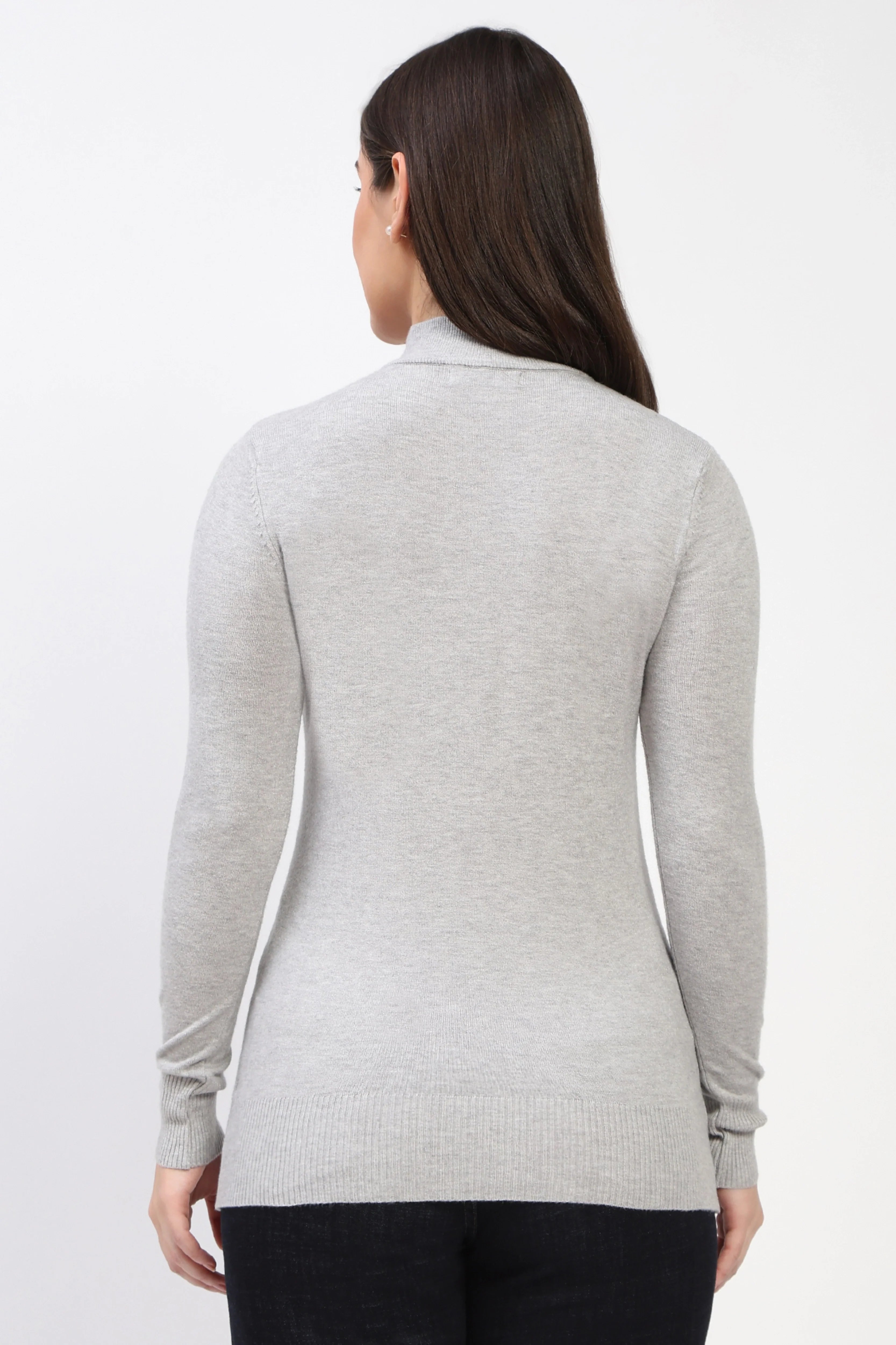 Grey Solid High-Neck Pullover-Global Republic