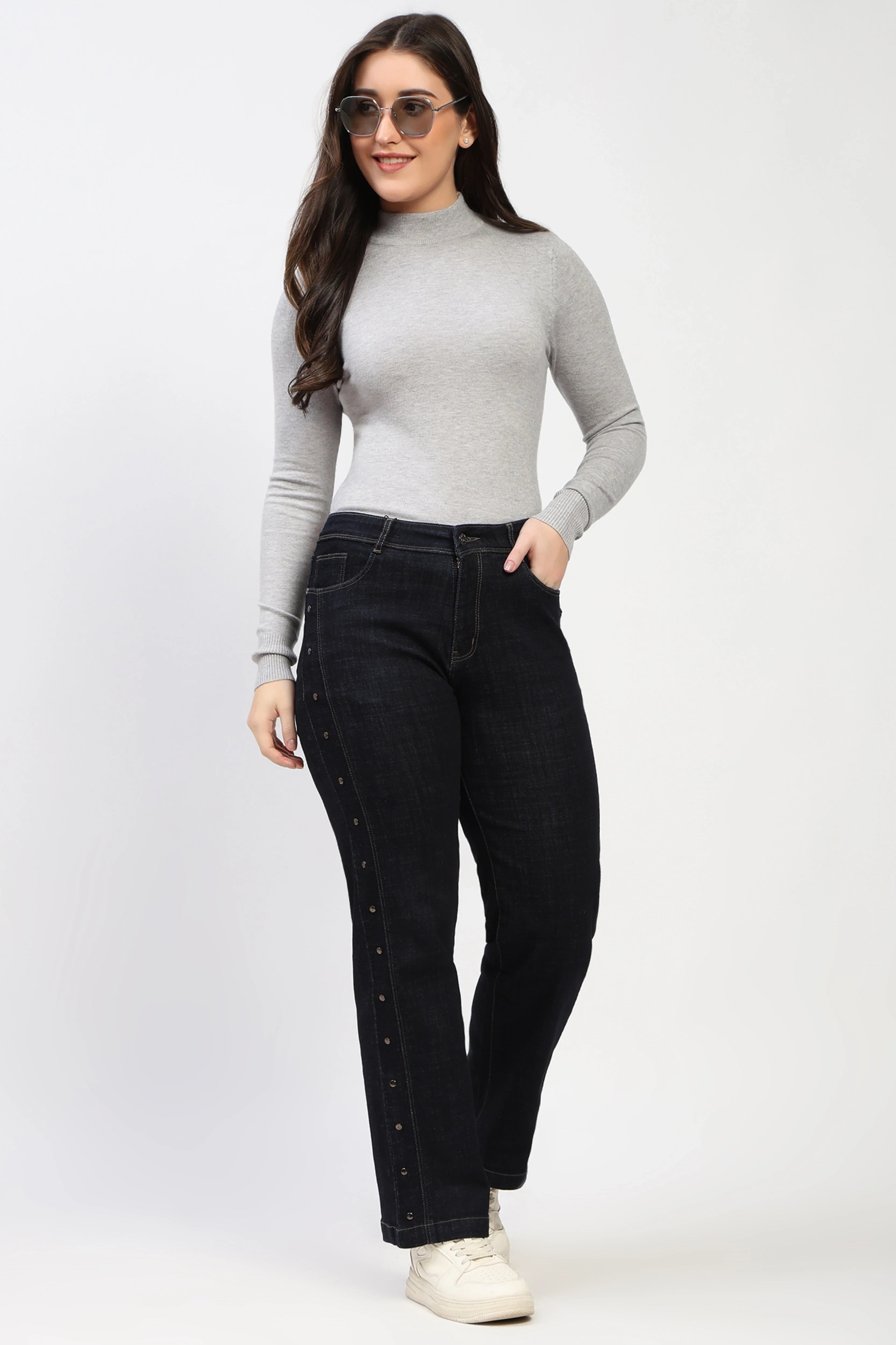 Grey Solid High-Neck Pullover-Global Republic