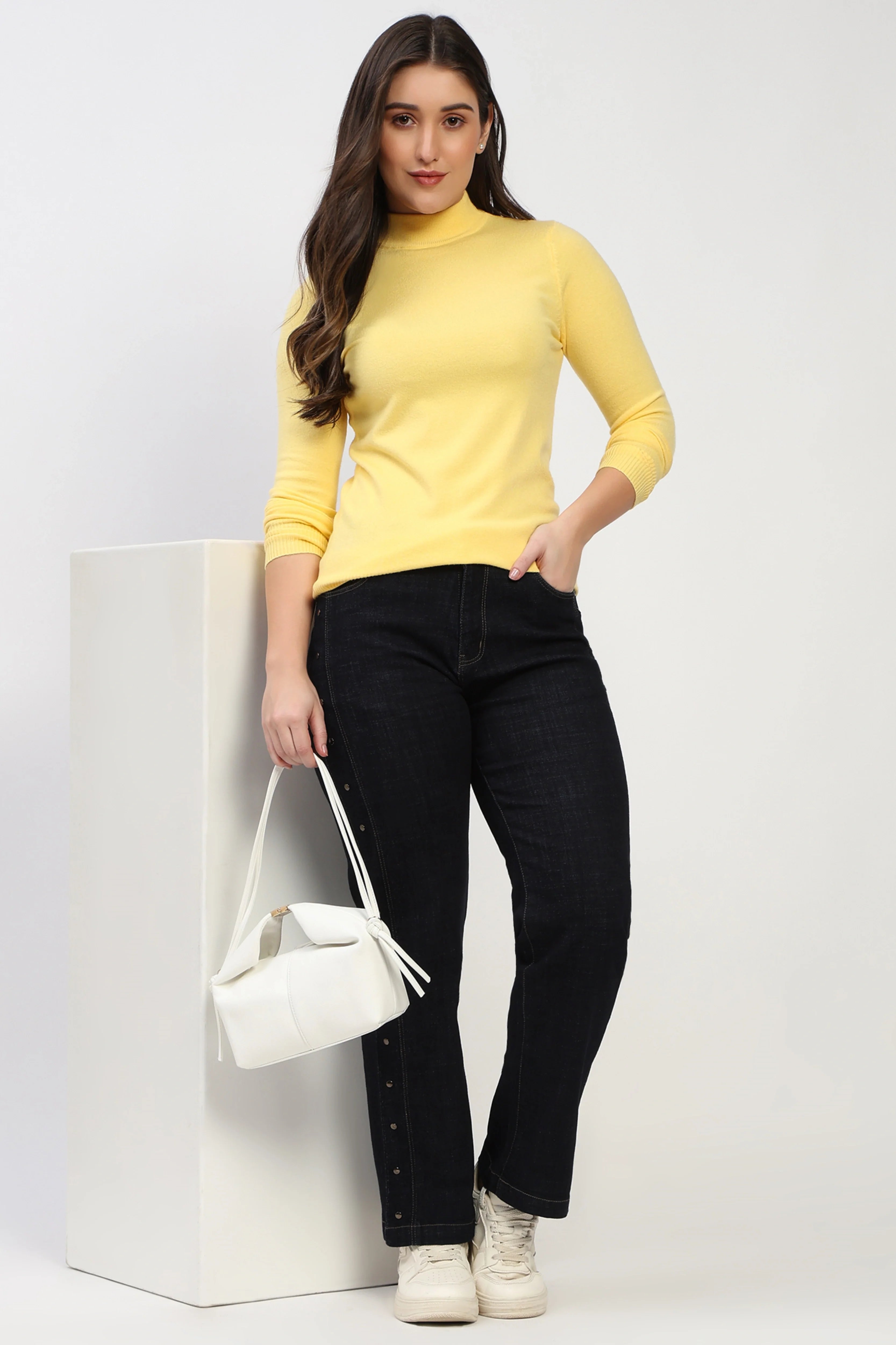 Yellow Solid High-Neck Pullover-Global Republic