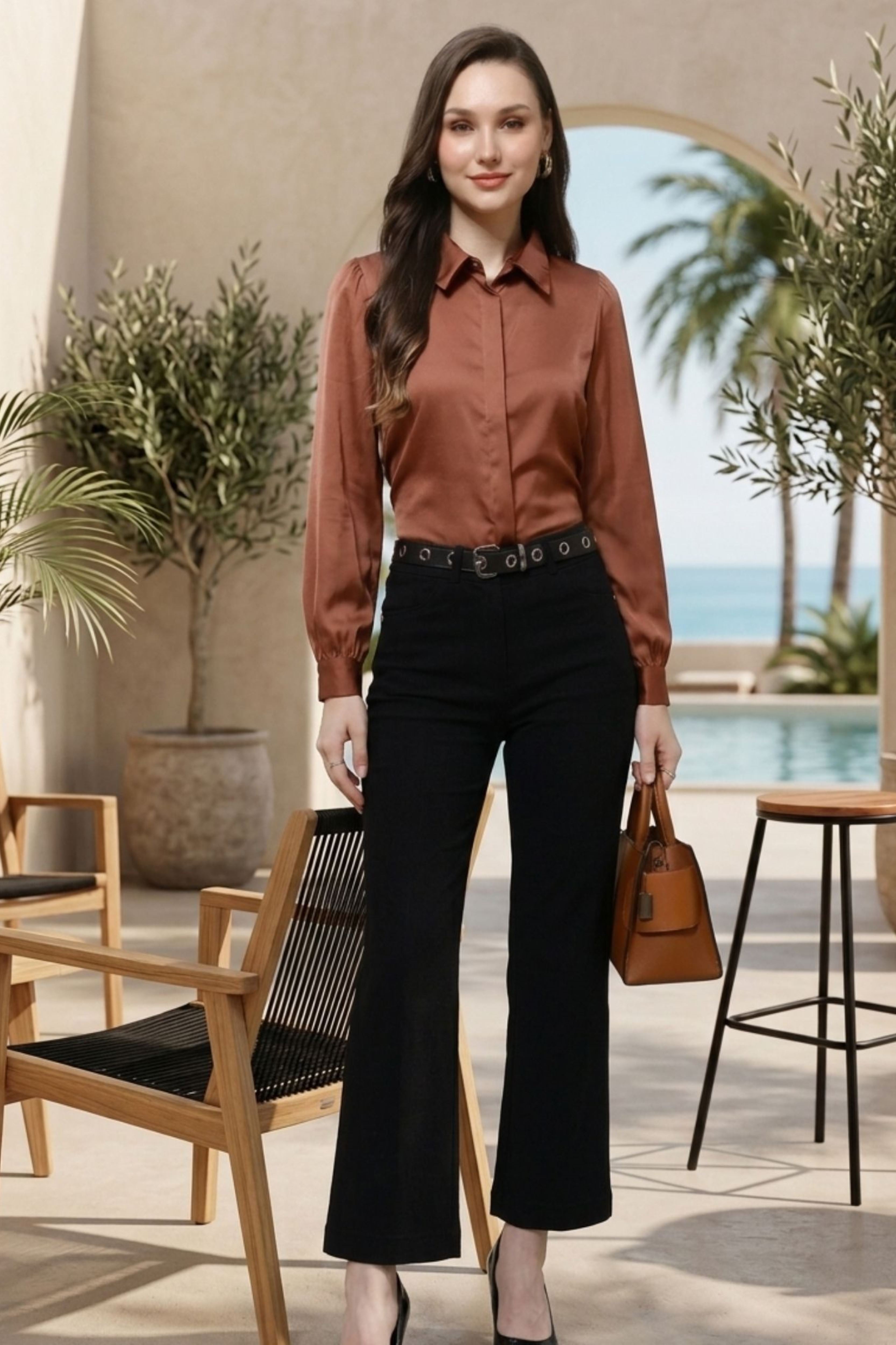 Brown Polyester Satin Shirt for Women | Loose Fit Satin Shirt with Concealed Placket Brown Polyester Satin Shirt for Women | Loose Fit Satin Shirt with Concealed Placket