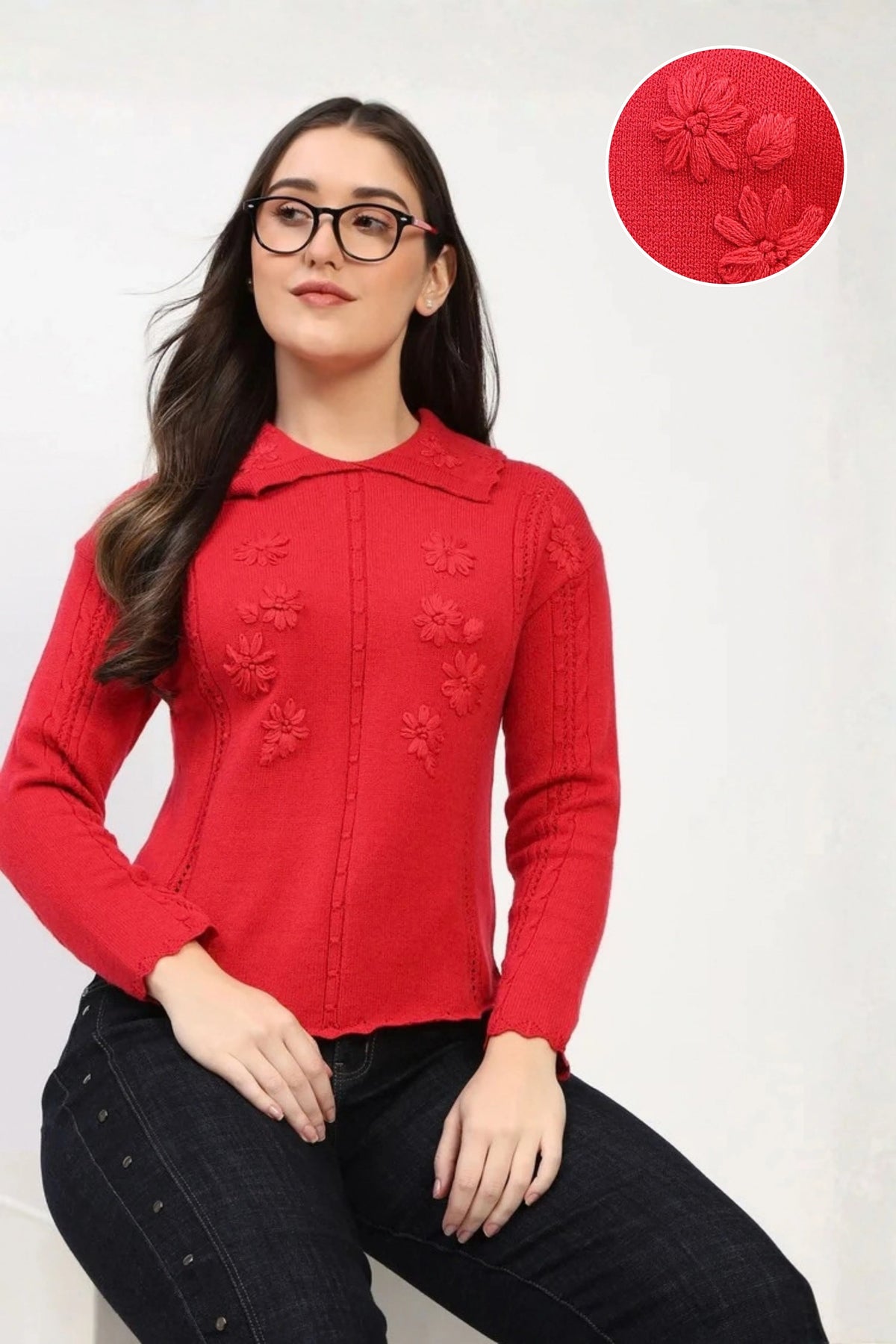 Red Floral Embroidered Pullover
