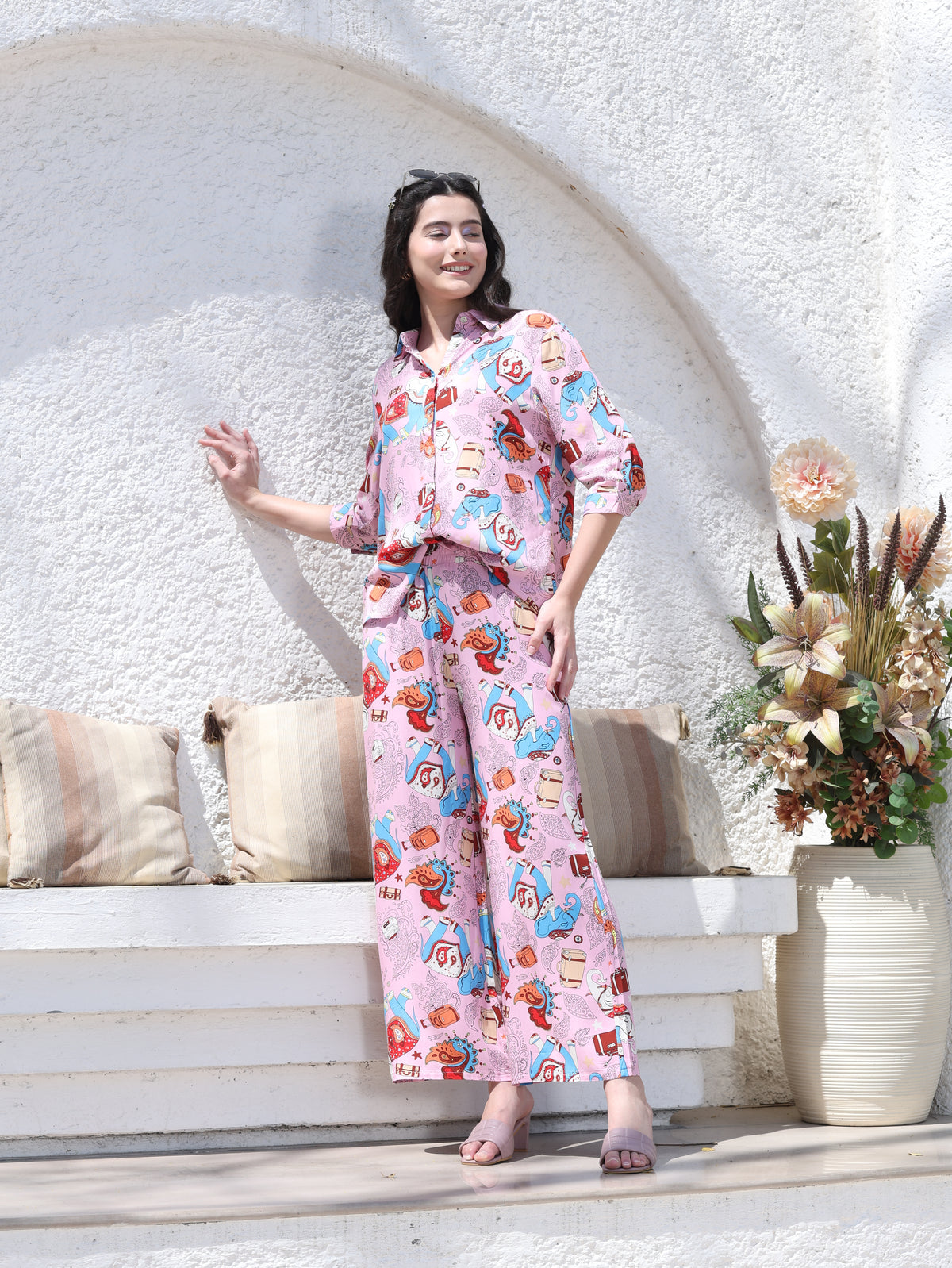 Pink Rayon Graphic Print Nightsuit