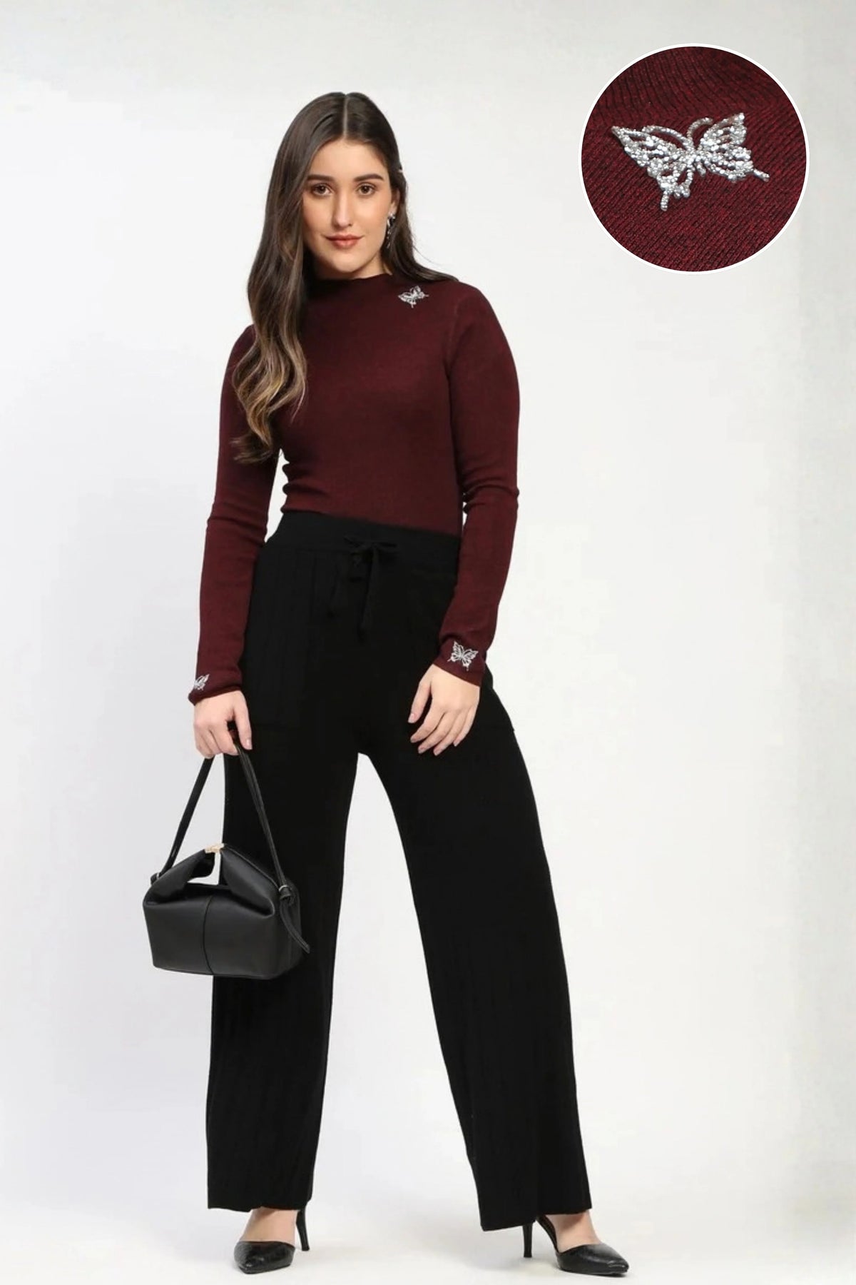 Wine Butterfly High Neck Winter Top