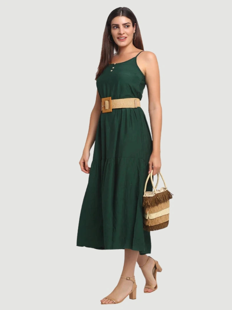 Dark Green Rayon Regular Fit Dress - Global Republic