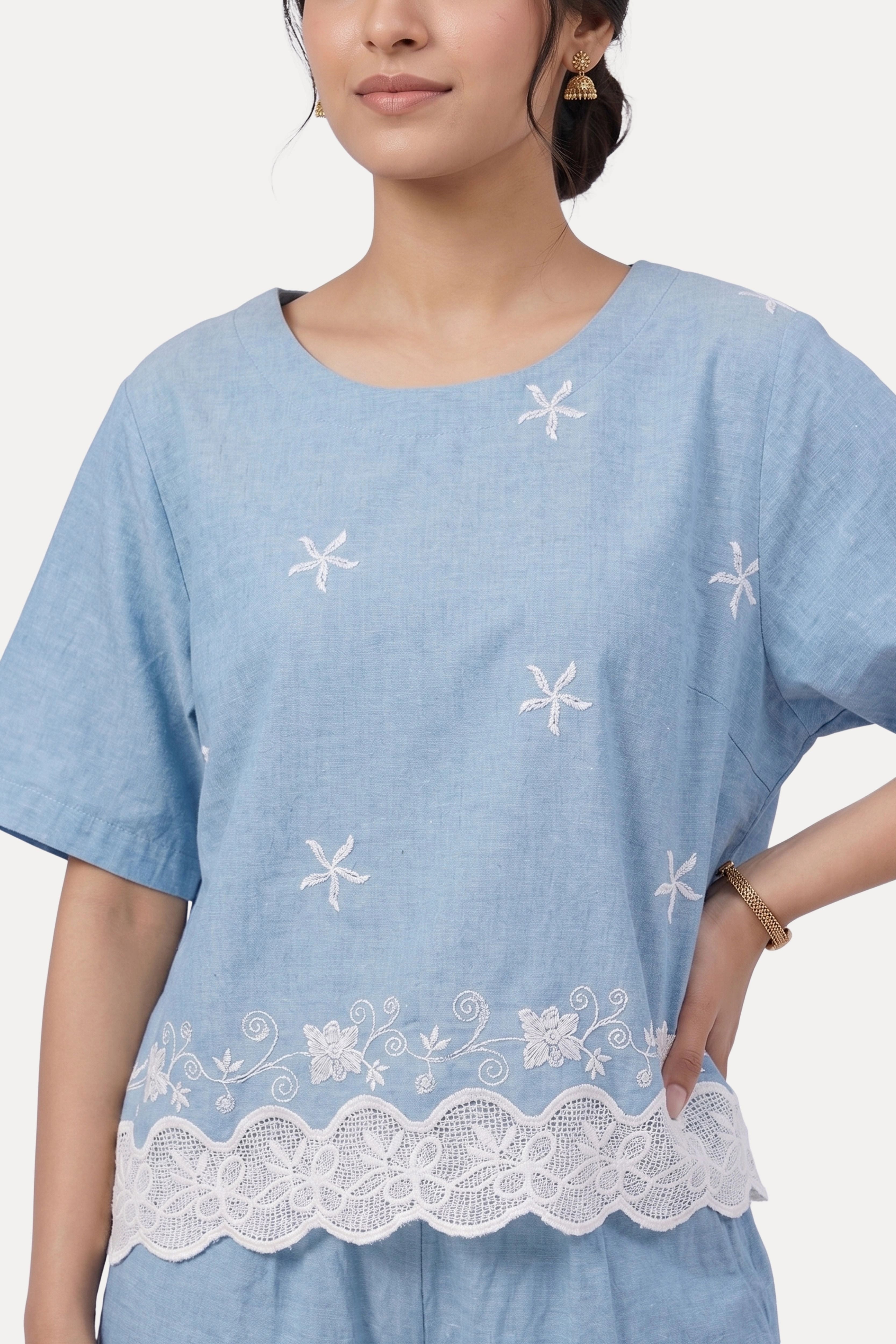 Sky Blue Embroidered Studded Co-Ord Set