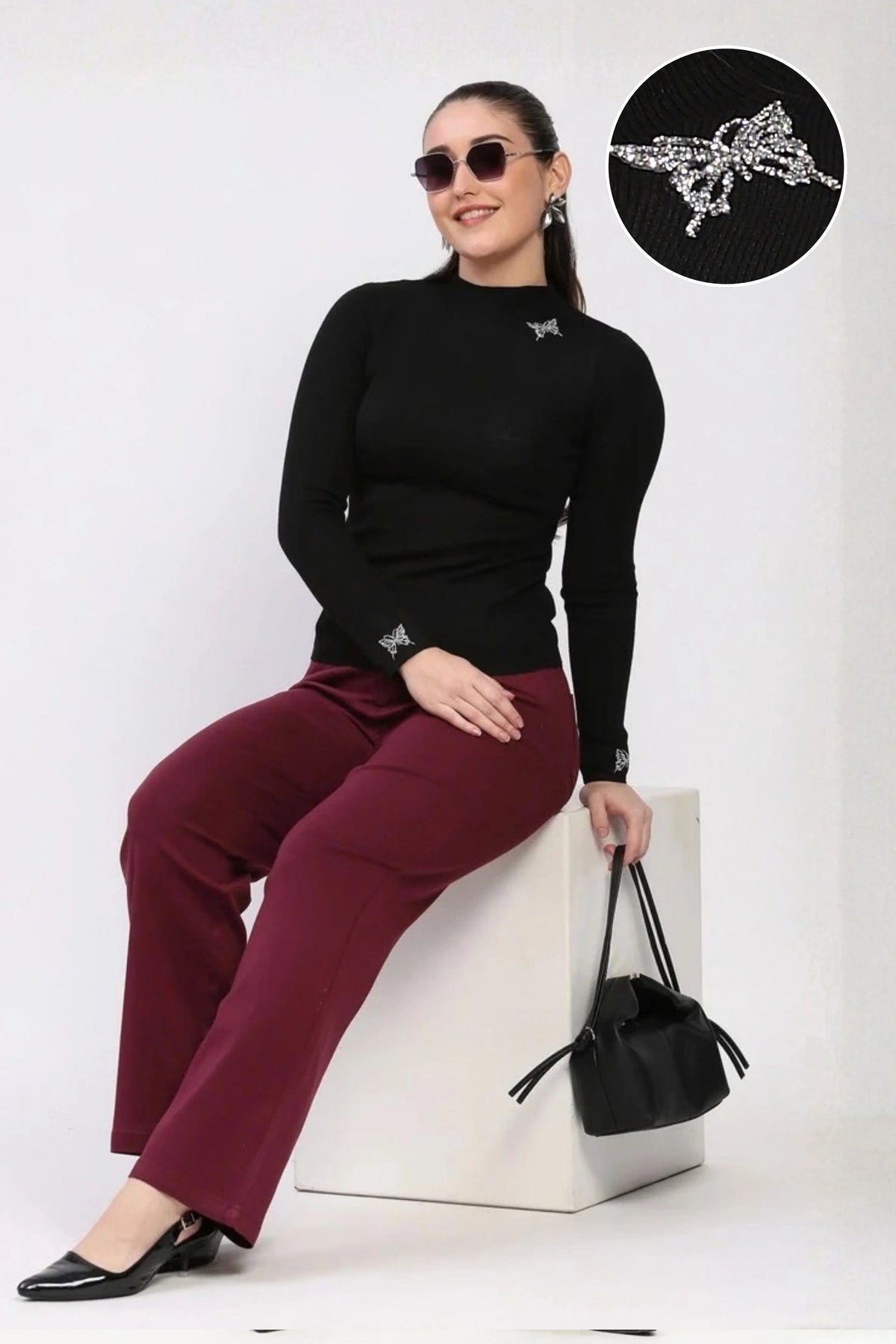 Butterfly Embellished High Neck Winter Top