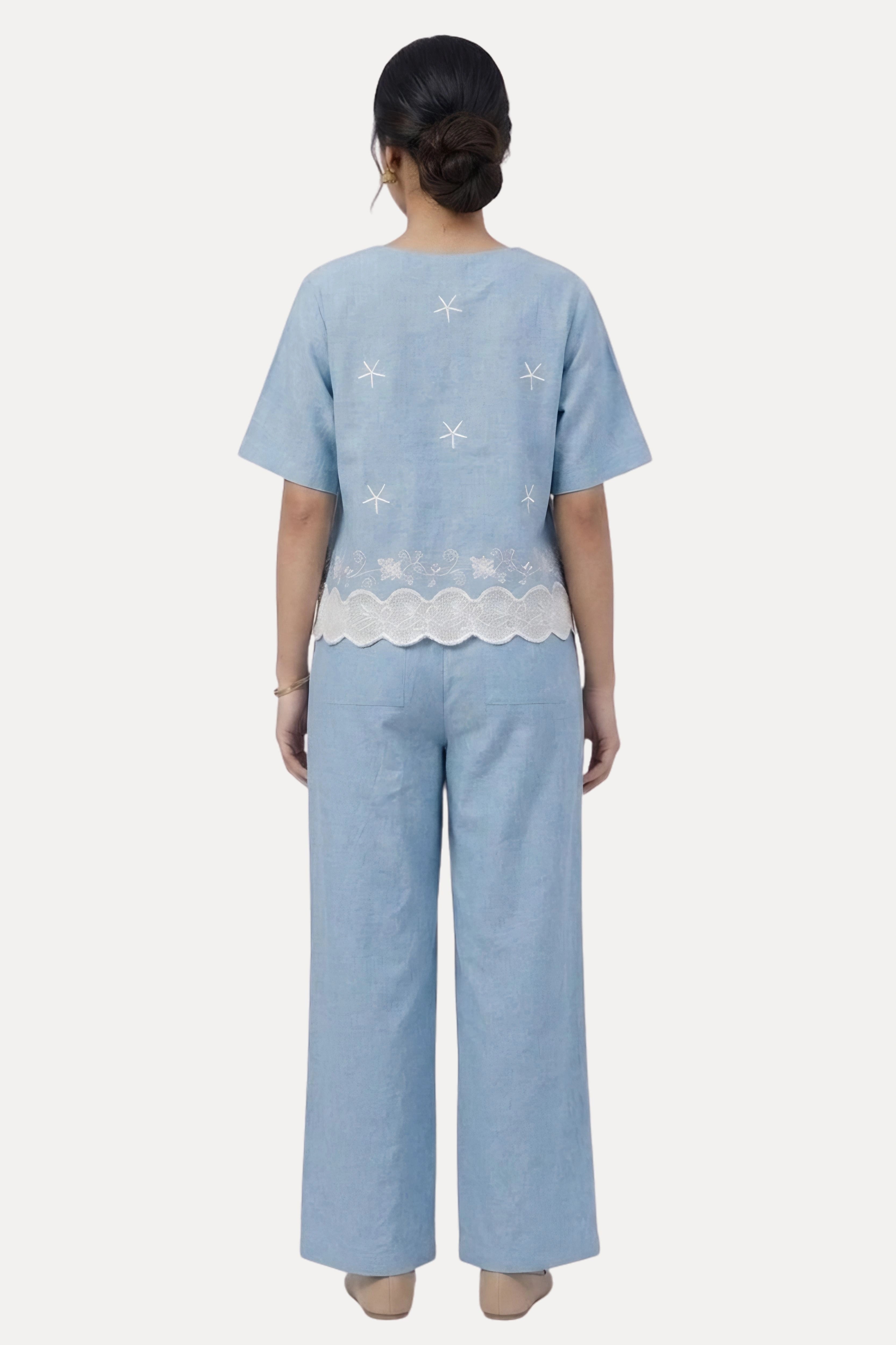 Sky Blue Embroidered Studded Co-Ord Set